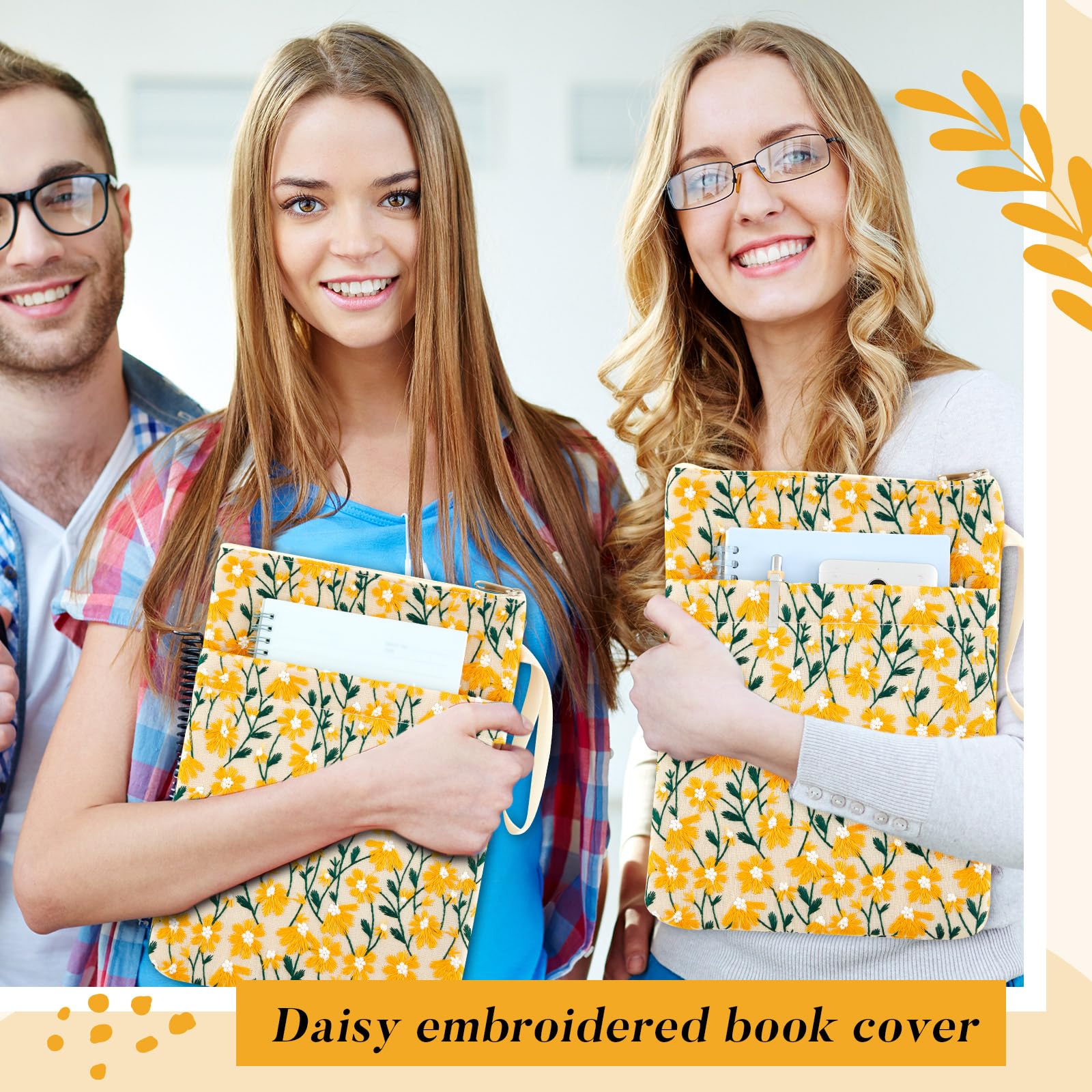 30,5 x 22,9 cm, bestickte Buchhülle mit Griff und Reißverschluss, Buchschutz für Taschenbuch und Hardcover, Buchhülle für Buchliebhaber (Gelb)