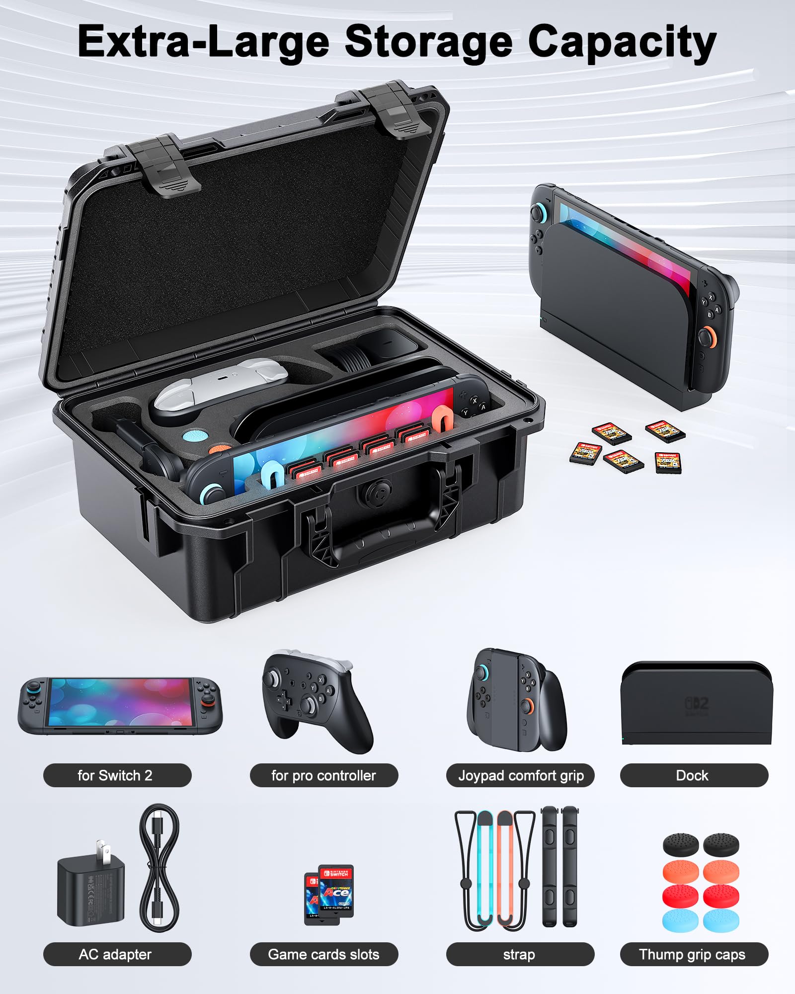 WAXITY [pour Switch 2 et 1] Transport pour Console Nintendo, Pochette pour Switch 2 Étanche, Anti-Choc et à Grande Capacité, Étui de Rangement pour Gamecube avec Coque Rigide Gamecube