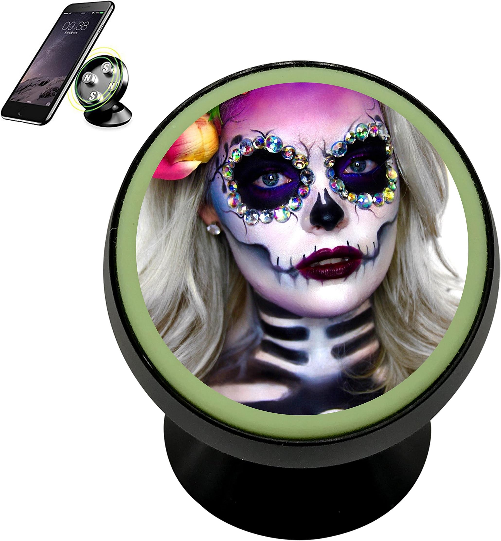 Make up Sugar Skull Magnetic Phone Car Mount Holder Noctilucent Mobile Cradle Stand Universal 360 ¡ã Rotating Car Dashboard Support Cell Phone Kit Gadget