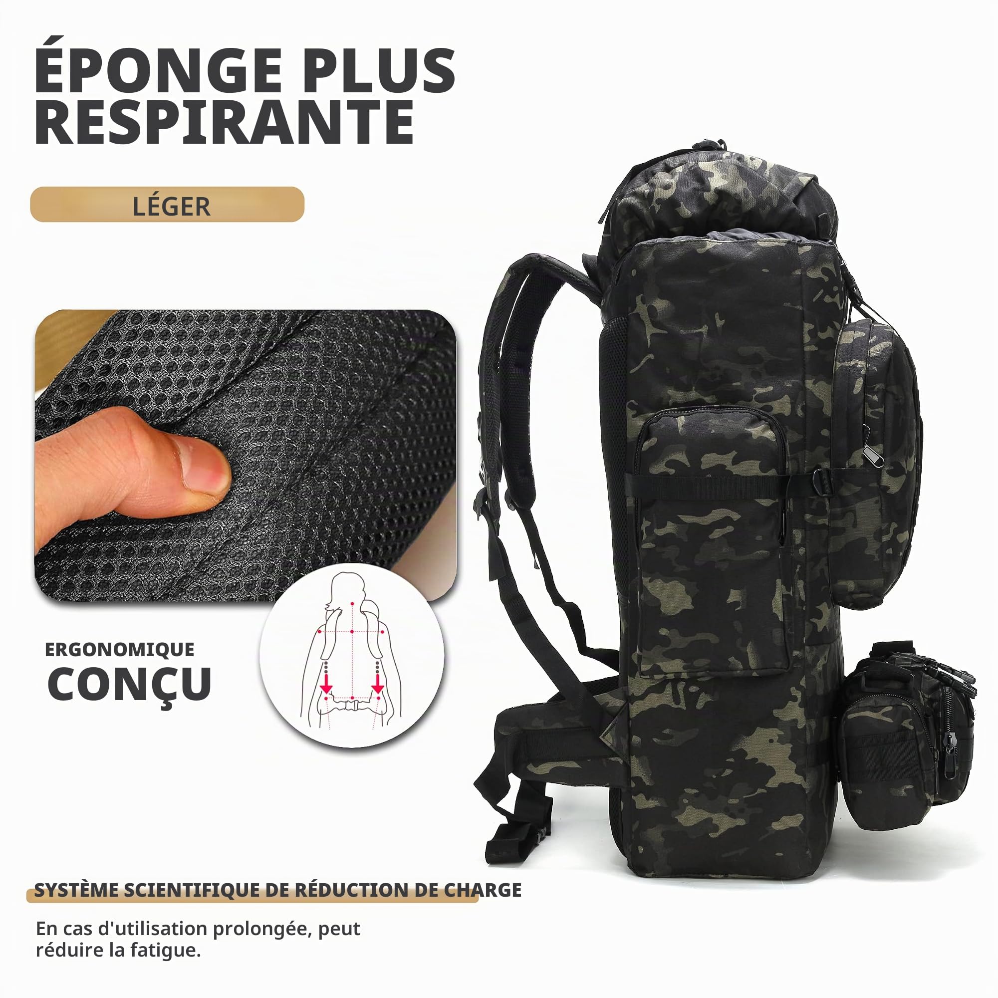 Sac à dos de randonnée et camping 100 L, sac à dos tactique militaire Molle, imperméable et léger