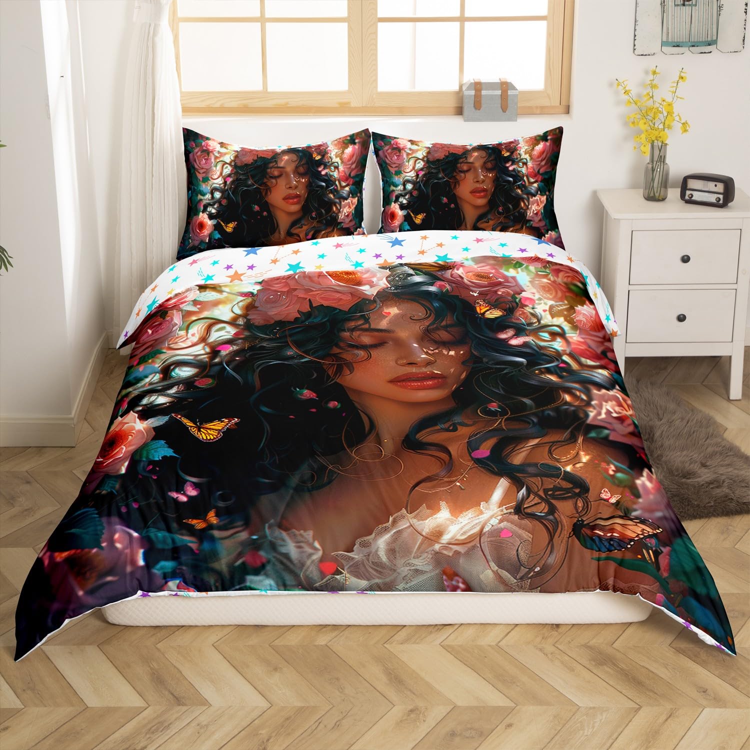 Afro-American Girls Duvet Cover Toddler Size Afro Girls Princess Themed Duvet Cover, Black Girls Comforter Cover American Black Girls Print Bedspread Cover Pink Floral Butterfly Bedding for Kids Teen