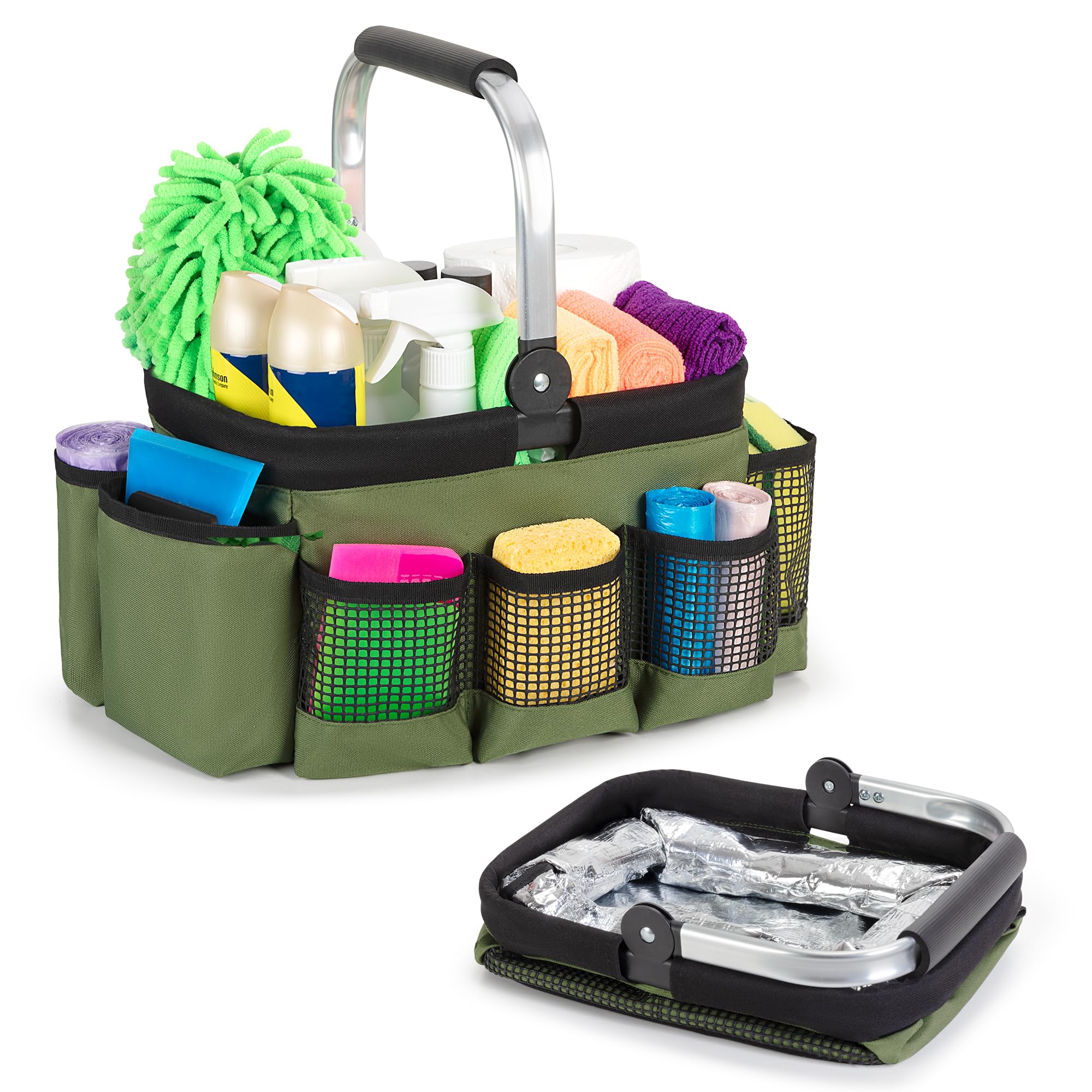 PGmoon Foldable Cleaning Caddy with Handle – Easy-Clean Liner, Green
