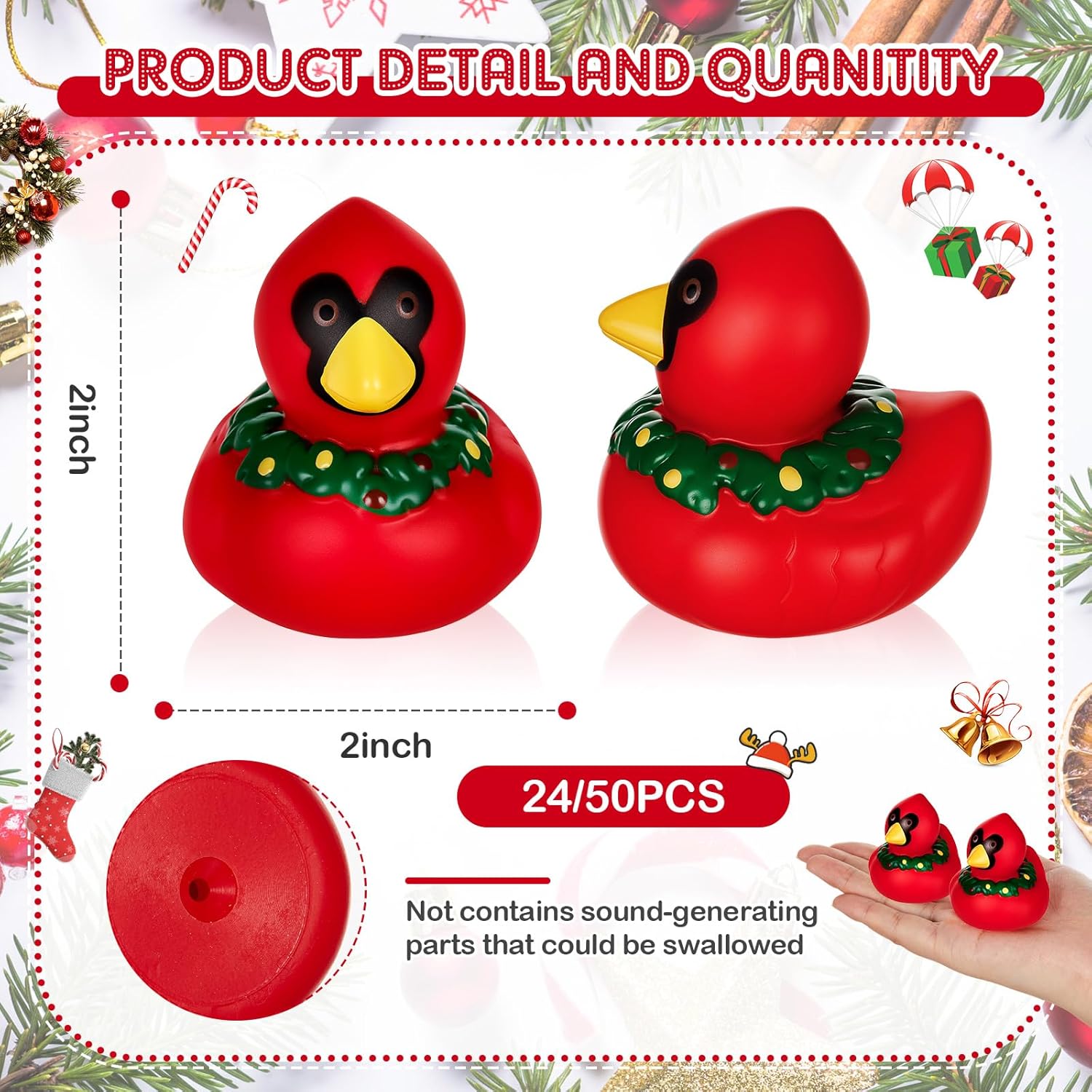 DEEKIN 24 Pcs Christmas Cardinal with Wreath Rubber Ducks 2 Inch Christmas Themed Rubber Ducks for Holiday Party Favors Seasonal Events Award Gifts