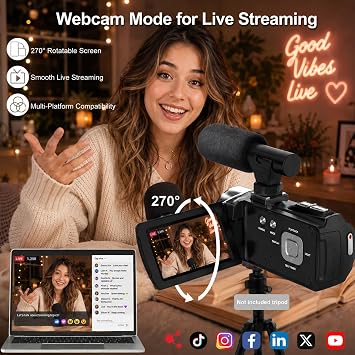 4K 48MP Video Camera for YouTube, Compact Camcorder with Microphone | Anti-Shake Night Vision Function, WiFi Webcam, 2 Batteries, 18X Zoom Vlogging Camera for Beginners Kids Teens Adults