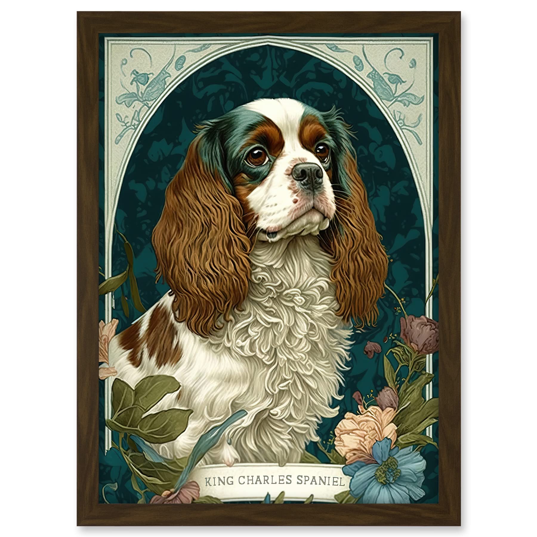 Artery8 King Charles Spaniel Dog with Flower Blooms Modern Art Nouveau Illustration Artwork Framed A3 Wall Art Print