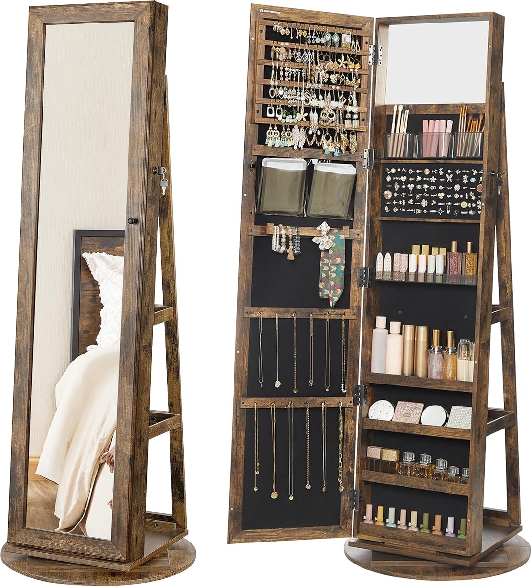 SONGMICS Gabinete para joyería giratorio de 360°, espejo de cuerpo entero, con cerradura | Organizador de armario de joyería, espejo con almacenamiento, estantes de almacenamiento traseros, espejo interior, idea de regalo, marrón rústico UJJC006X01