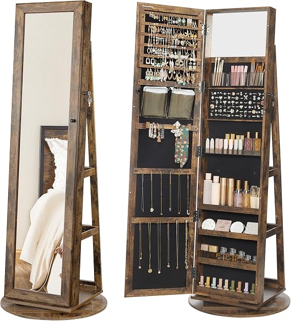 SONGMICS 360 Swivel Jewelry Cabinet, Lockable Jewelry Organizer with Full-Length Mirror, Rear Storage Shelves, Interior Mirror, Jewelry Armoire, Gift Idea, Rustic Brown UJJC006X01