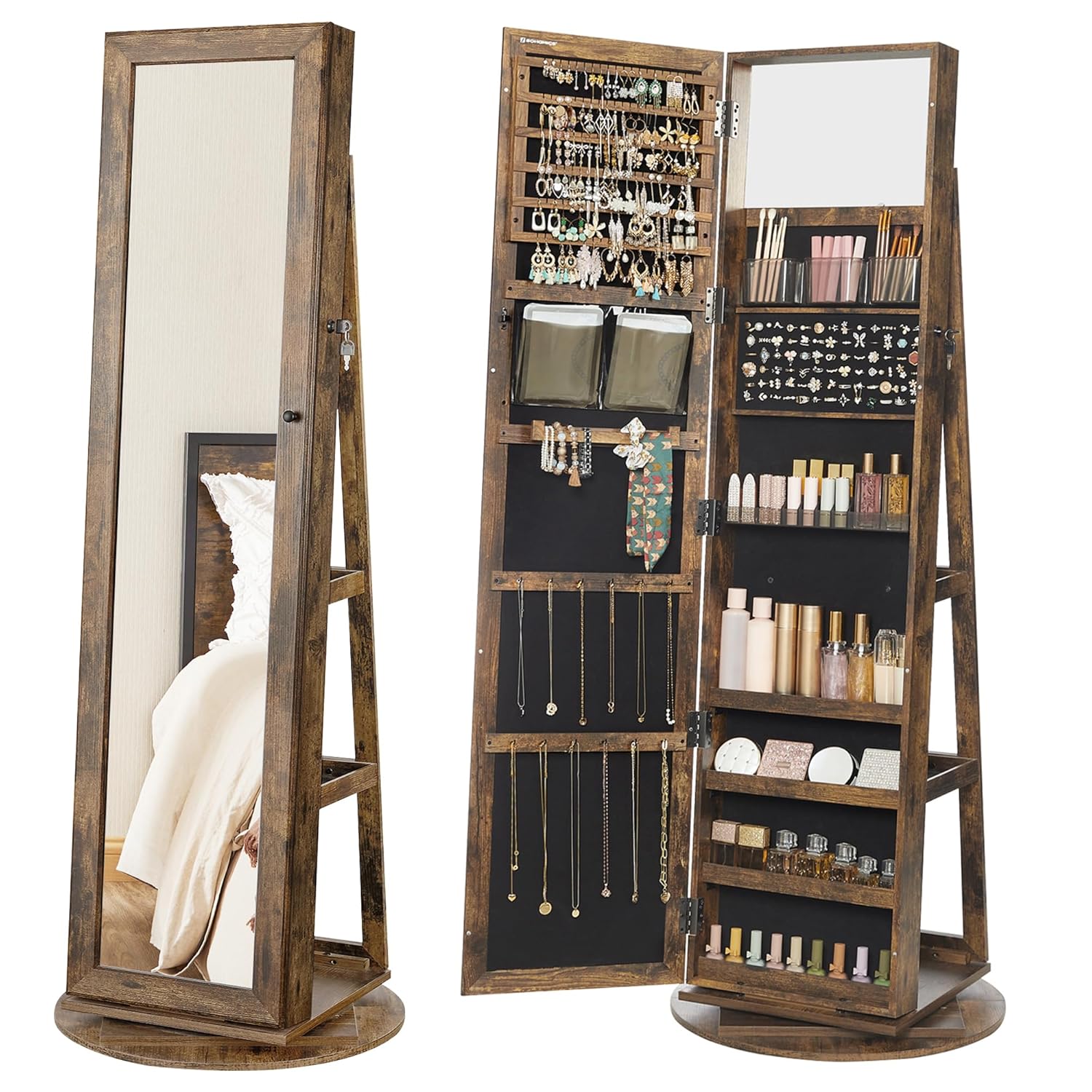 SONGMICS 360 Swivel Jewelry Cabinet Lockable Jewelry Organizer with Full-Length Mirror Rear Storage Shelves Interior Mirror Jewelry Armoire
