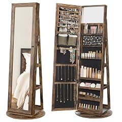 SONGMICS 360 Swivel Jewelry Cabinet Lockable Jewelry Organizer with Full-Length Mirror Rear Storage Shelves Interior Mirror Jewelry Armoire