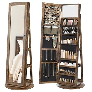 SONGMICS 360 Swivel Jewelry Cabinet Lockable Jewelry Organizer with Full-Length Mirror Rear Storage Shelves Interior Mirror Jewelry Armoire