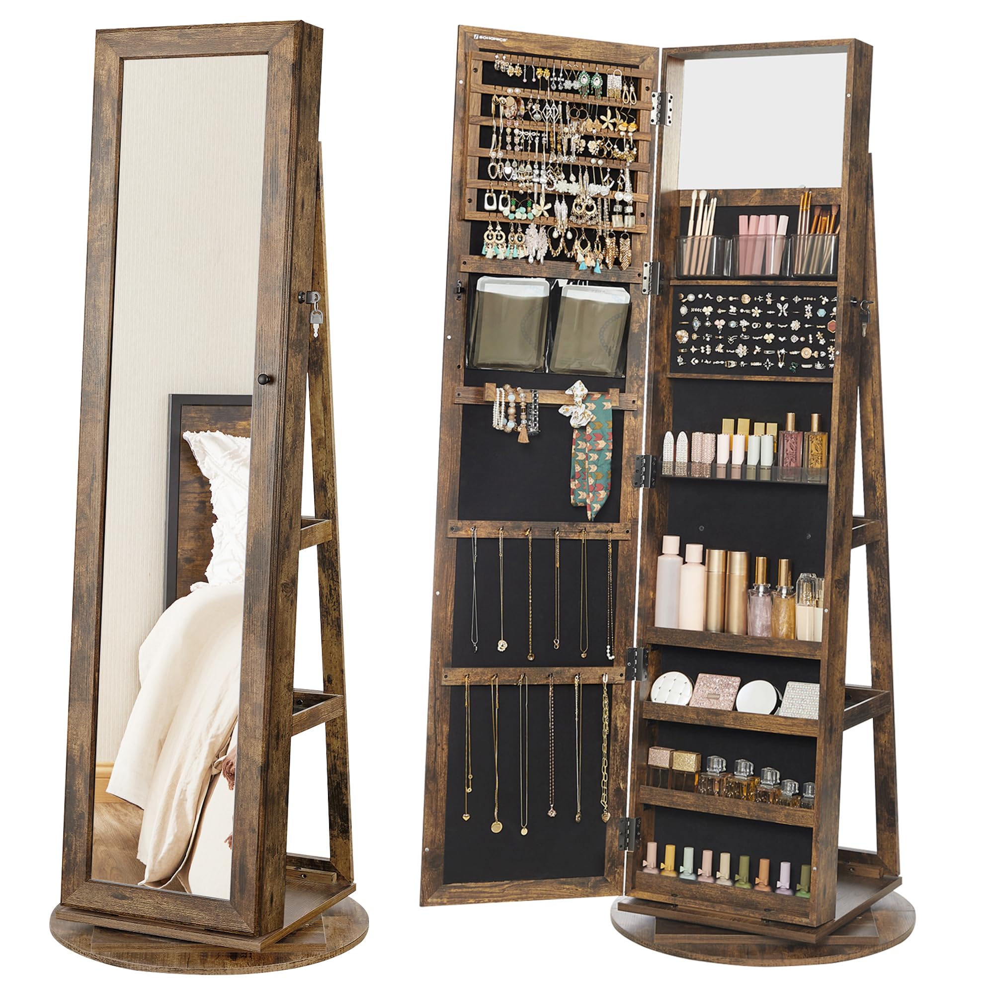 SONGMICS 360 Swivel Jewelry Cabinet Lockable Jewelry Organizer with Full-Length Mirror Rear Storage Shelves Interior Mirror Jewelry Armoire