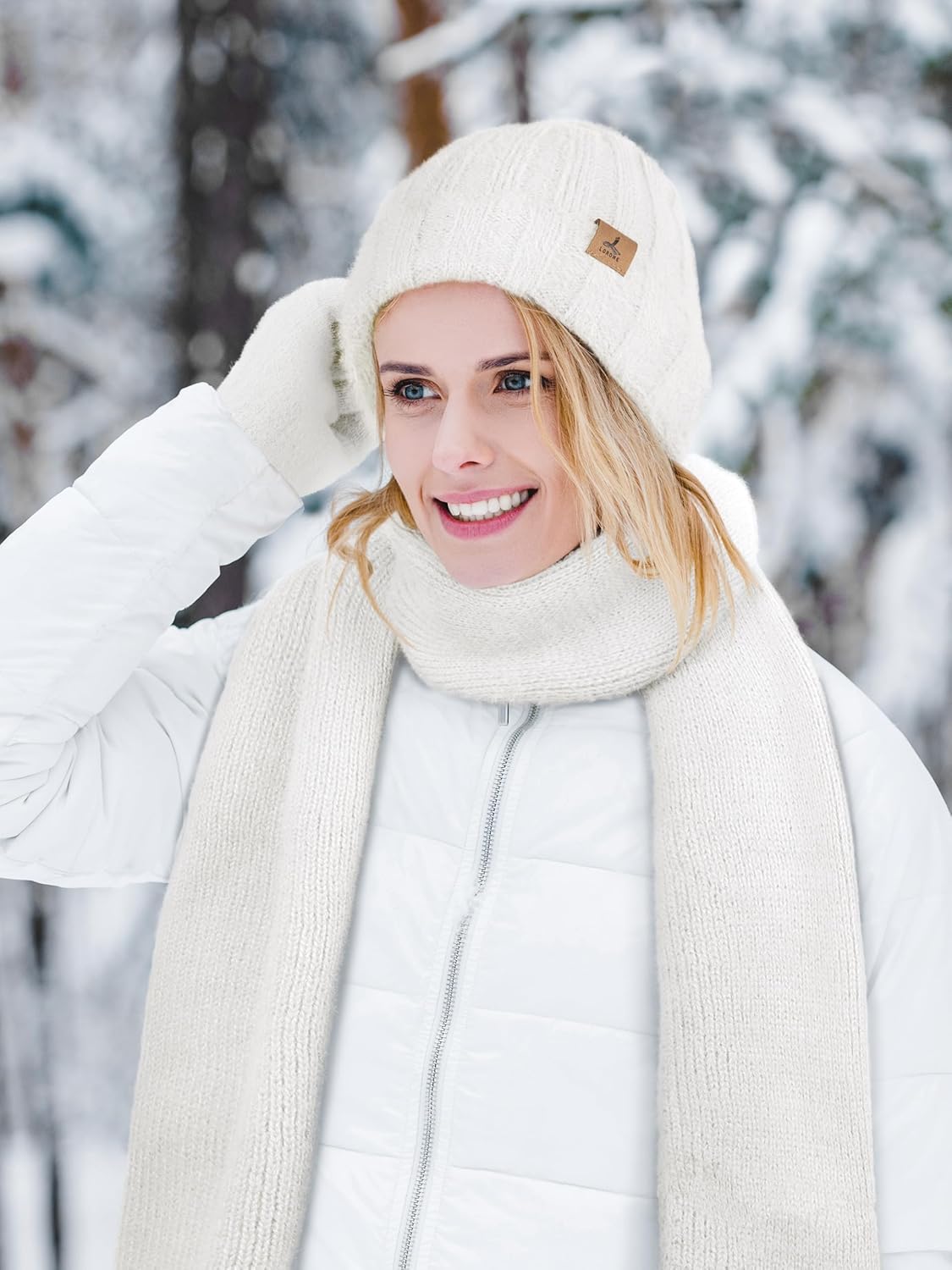 Winter Beanie Hat Scarf Gloves, Warm Fleece Knit Hat Long Scarf Neck Warmer Touch Screen Winter Gloves Set Gifts for Women - Image 5