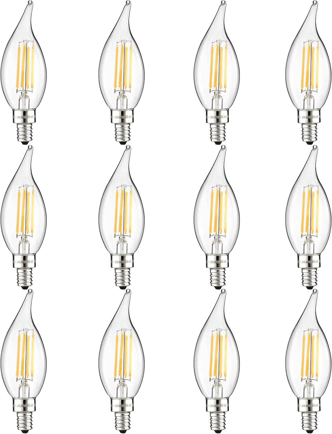 Sunlite 40429 LED Filament Flame Tip Chandelier Light Bulb, 4 Watts (40W Equivalent) 400 Lumens, Candelabra (E12) Base, Dimmable, Clear Glass Edison, UL Listed, 2700K Warm White, 12 Count