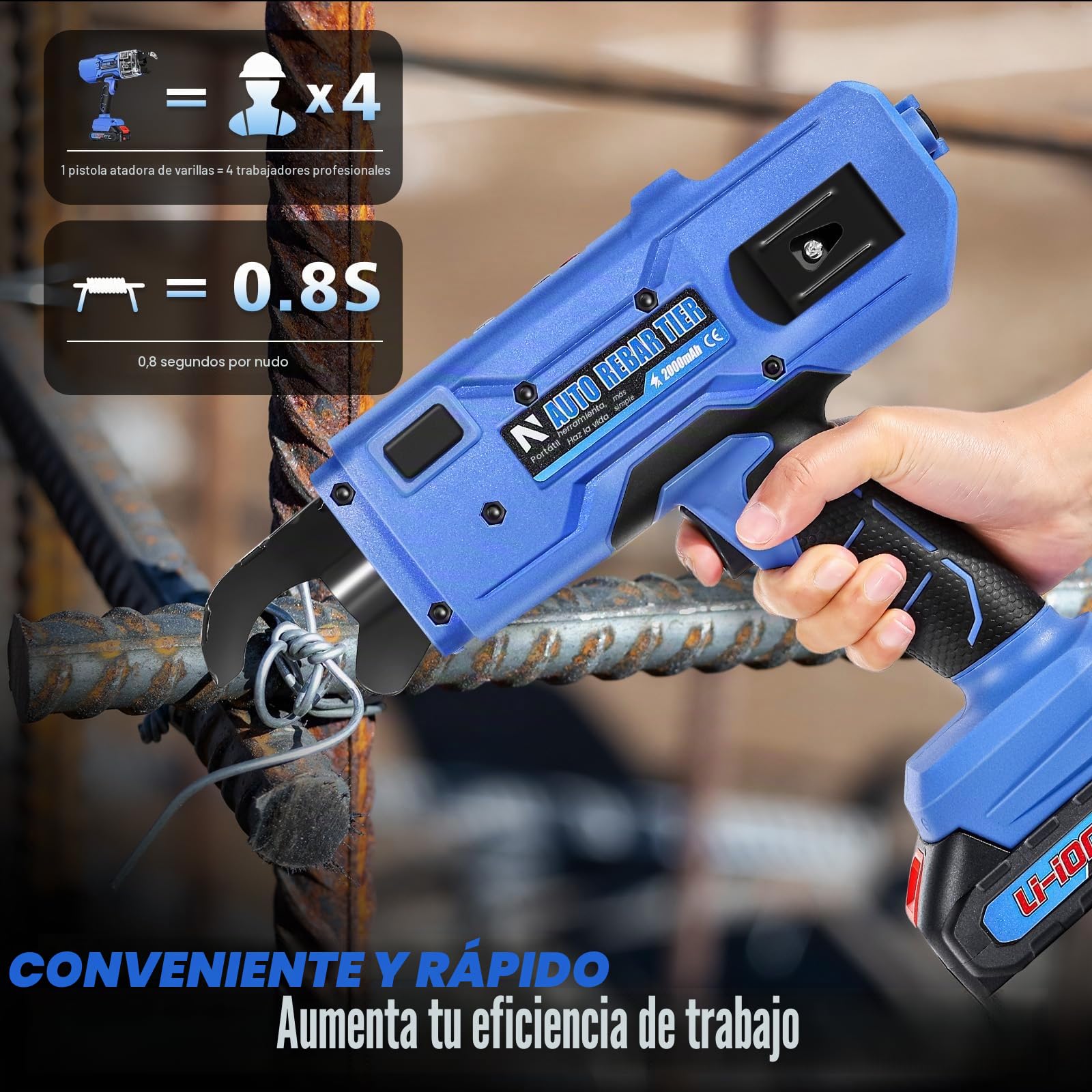 NEWTRY 20V Atadora Alambre de Ferralla Automática Cerradora para Barras de Acero de 0,3 a 1,33 Pulgadas (7~34 mm), con 2 piezas. 2.0 Ah Batería y Cargador