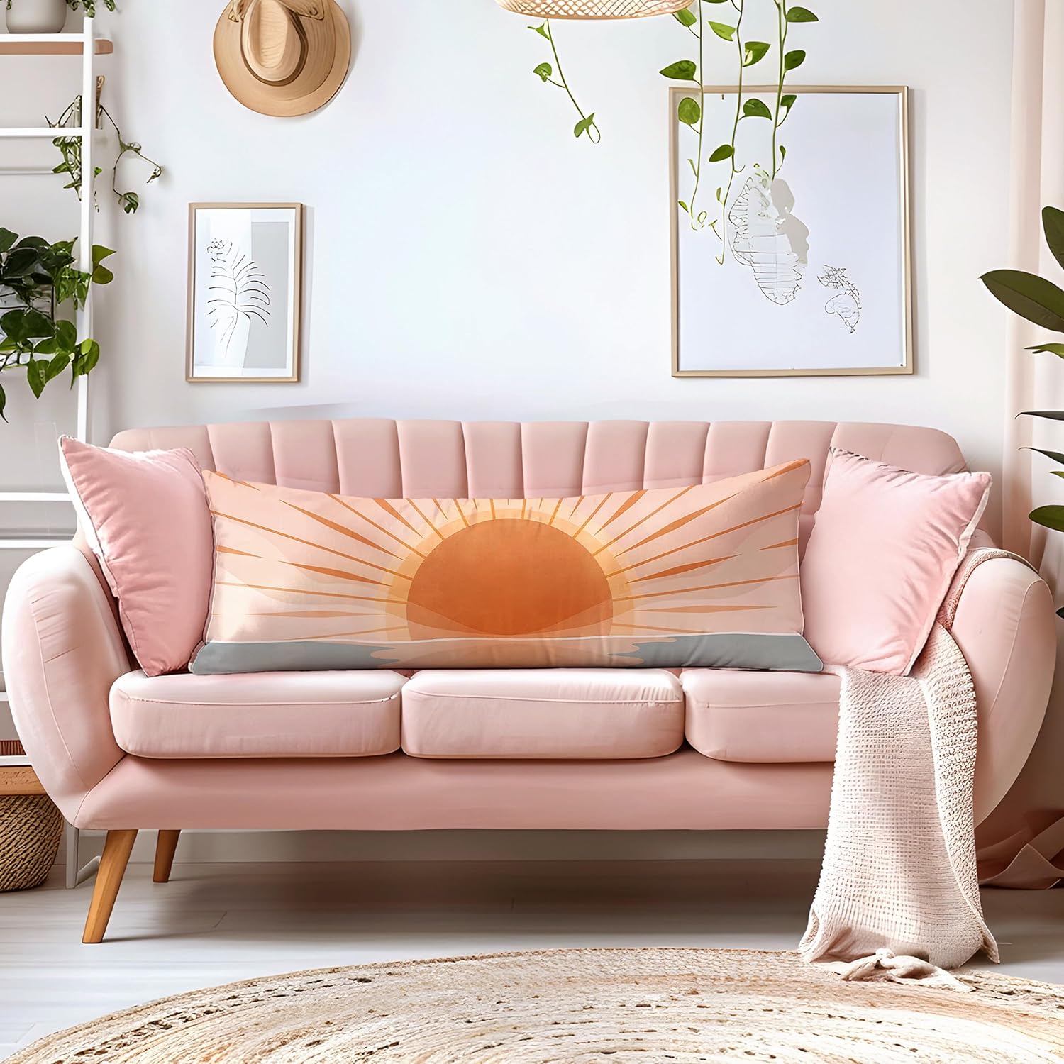 Boho Orange Sun Sunshine 20x54 Body Pillow Cover, Abstract Mid Century Modern Boho Sea Horizontal Sunset Sunrise Decorative Long Hug Pillow Cases with Zipper for Bed Couch Girls Room Home