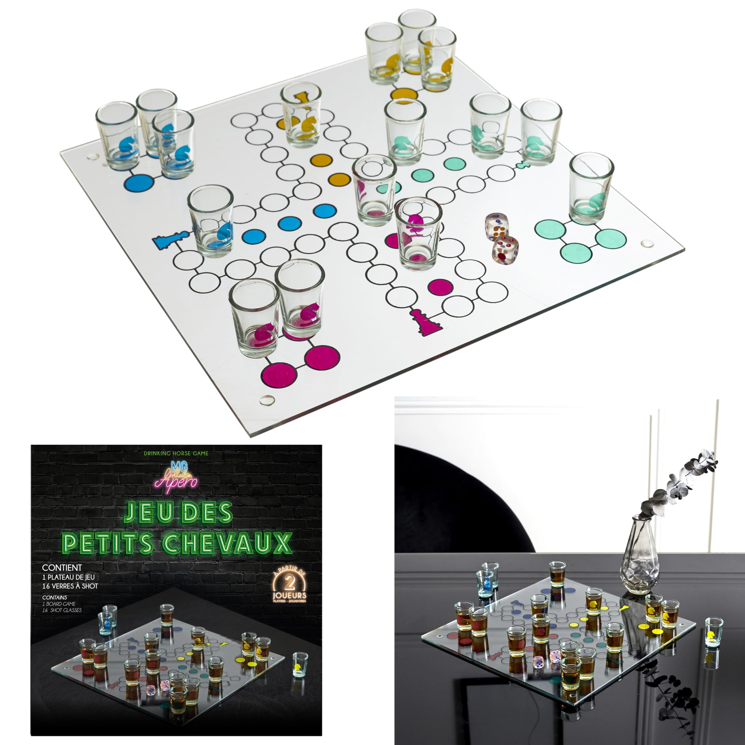 MISTER GADGET - MG3527 Jeu à Boire Petits Chevaux en Verre - Couleurs Variées - Amusement et Convivialité - Accessoire Festif pour Soirées - Blanc, Rouge, Bleu, Vert, Jaune