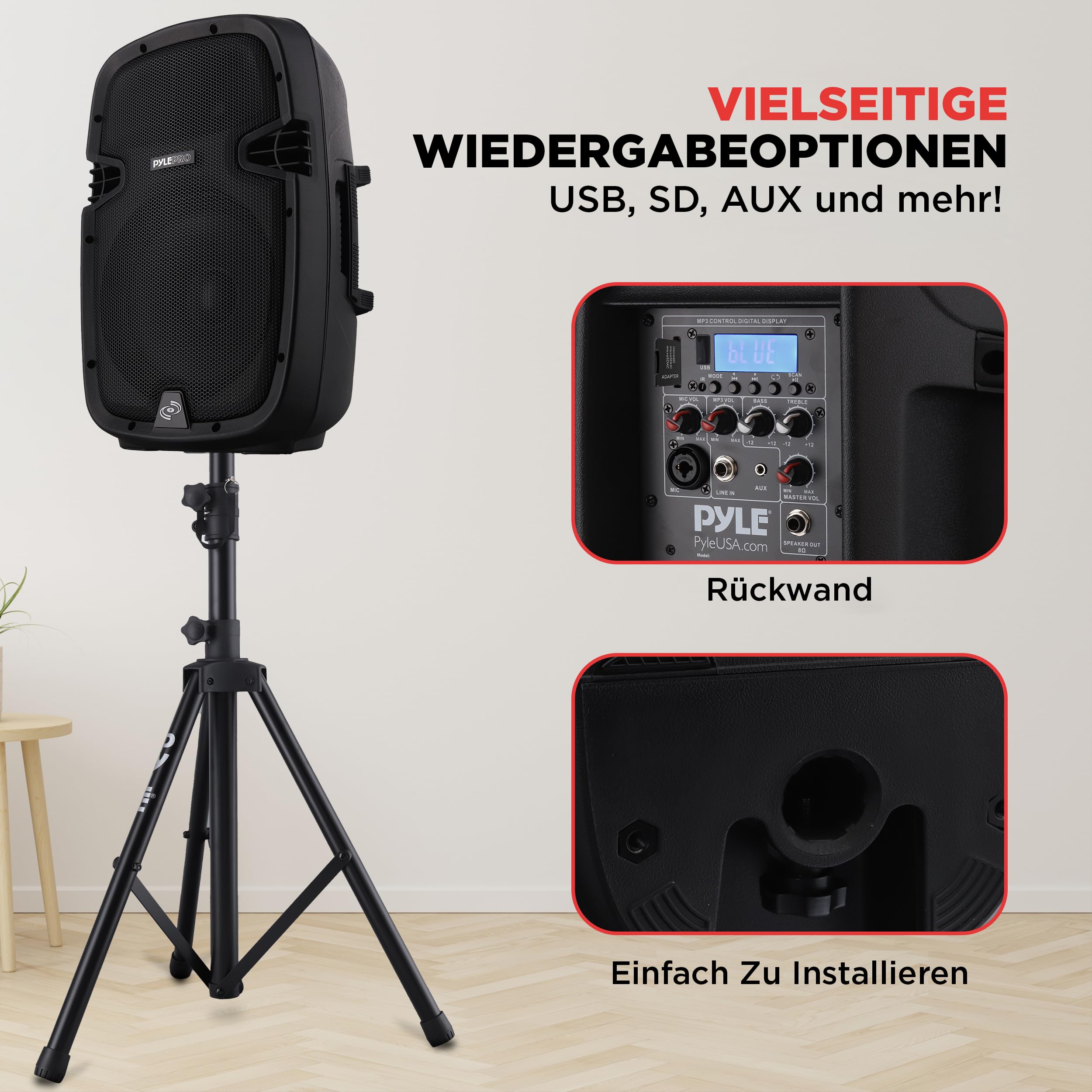 Pyle PA Anlage 1000W Komplettset Lautsprecher mit Mikrofon Bluetooth Partybox DJ Lautsprecher 2 Boxenständer USB SD MP3 AUX Fernbedienung Aktiv Passiv