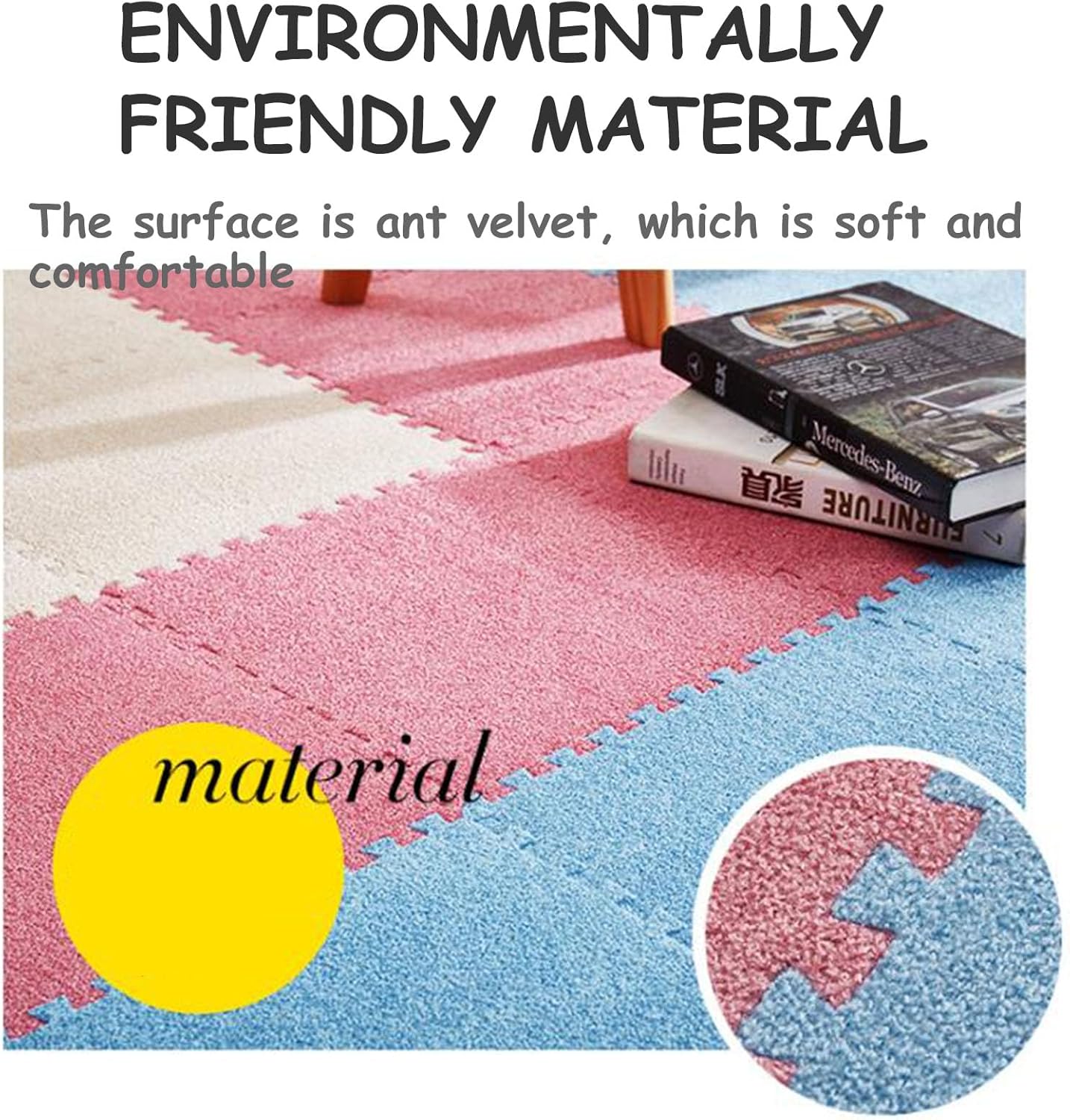 Foam Floor Tiles 16pcs 12x12in Interlocking Foam Carpet Tiles Mats EVA Fluffy Puzzle Mat 1cm Thickness Fuzzy Soft Square Play Rug Tiles for Home Decor(Color:Pink+Blue)