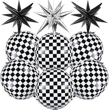 6 Pcs Race Car Checkered Balloons 3 Pcs Explosion Pointed Star Foil Balloons for Racing Party Decorations, 22 Jumbo Sphere 4D Black and White Checkered Flag Mylar Balloons for Birthday Party