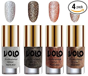 Volo Professionally Used Glitter Shine Nail Polish Combo Pack of 4(Silver Glitter, Dark Grey Glitter, Peach Glitter, Light Golden Glitter)