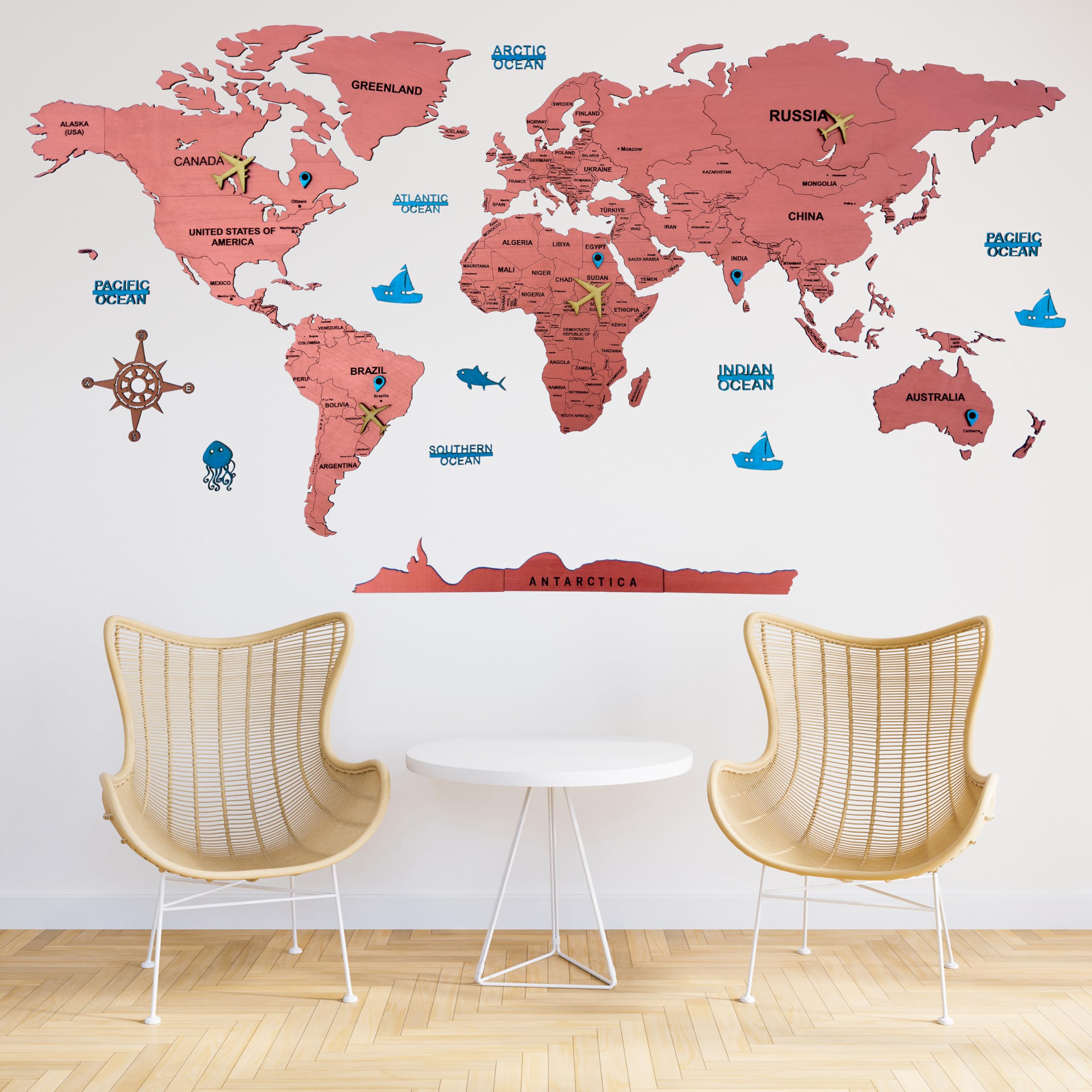 Elk 3D Wooden World Map Wall Decor with Country Names & Capitals | Premium Multilayer Laser Cut Wall Art | Easy DIY Installation | Travel Theme Home Decor for Living Room, Office | Size : 90x52 CM