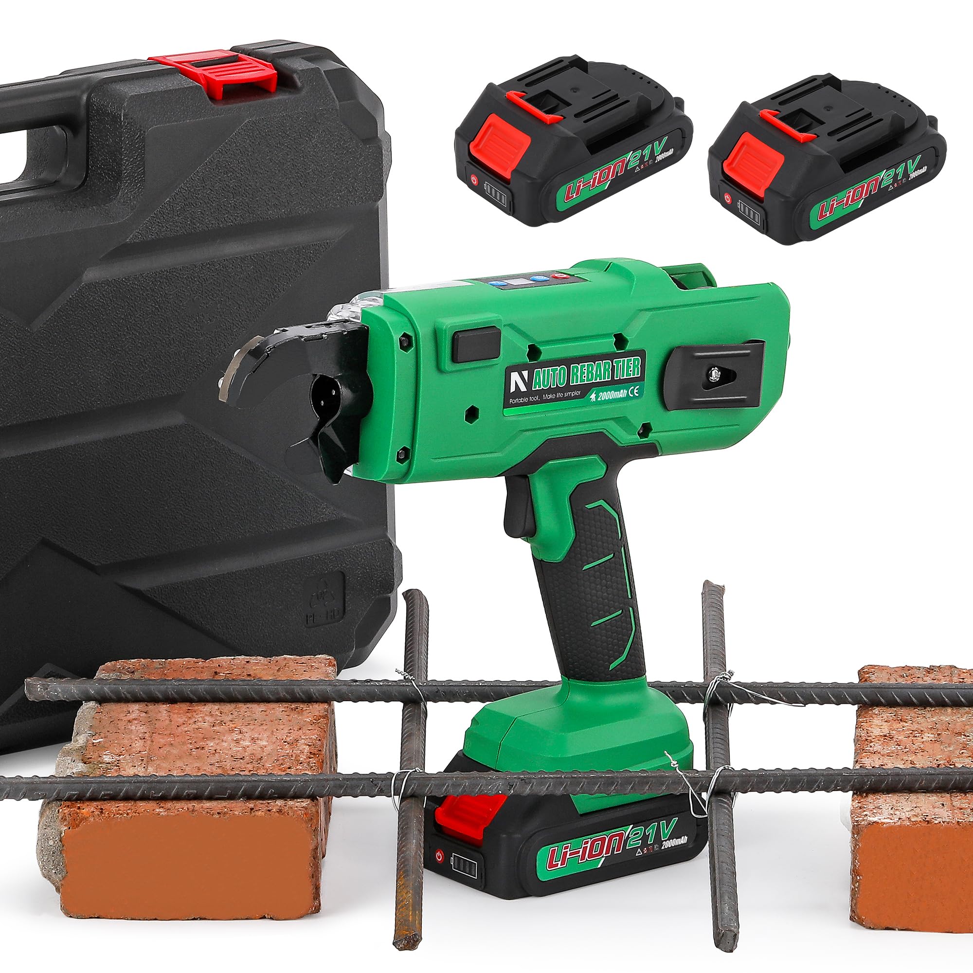 NEWTRY Atadora de Ferralla Automática Profesional de Varillas de Hierro con 2 Baterías de 4000 mAh y Cargador, para Barra de Acero de 0,3'' a 1,33'' (7~34 mm)