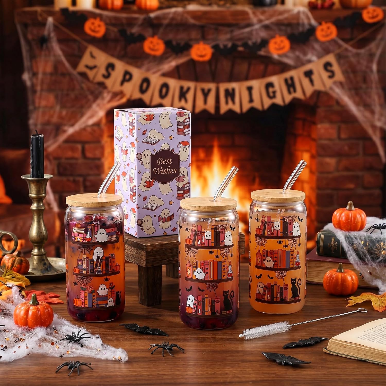 Willinglong 3 Set Ghost Reader Halloween Glass Cup for Book Lover Gifts