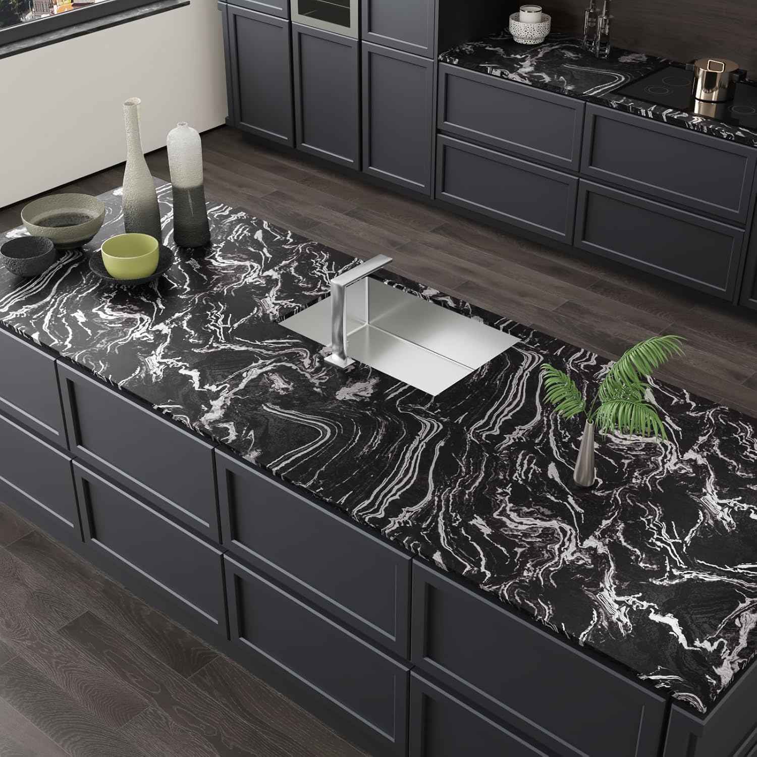CRE8TIVE Liquid Black Silver Marble Contact Paper Peel and Stick Marble Wallpaper for Bathroom Cabinet Vinyl Wrap Waterproof Adhesive Countertop Contact Paper for Walls Drawers Living Room 12"x354"
