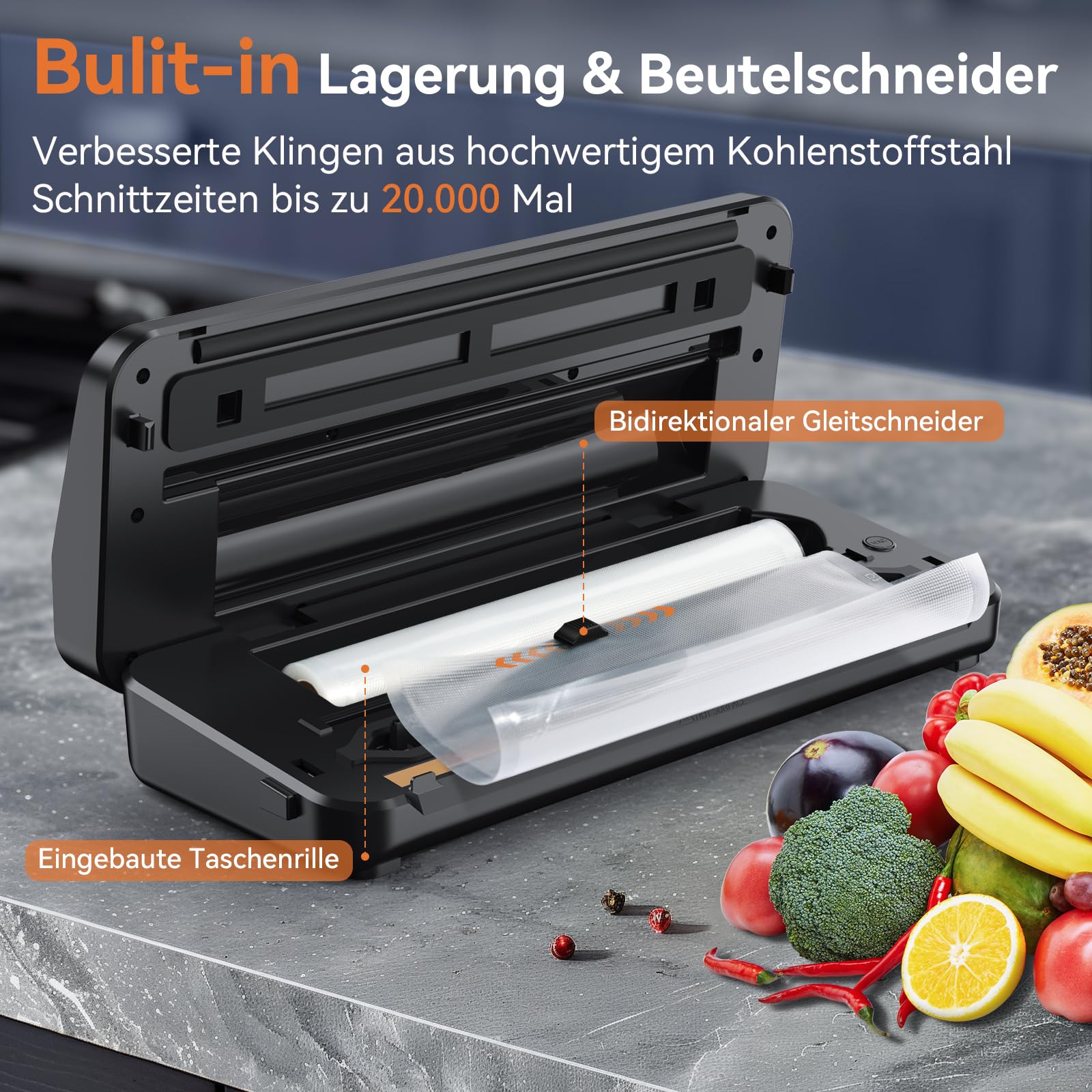 Vakuumiergerät 8-in-1 80 KPA Lebensmittel Trocken-/Feuchtmodus mit Cutter und Beutelaufbewahrung
