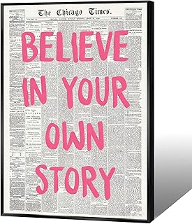 Retro Trendy Newspaper Canvas Wall Art - 'BELIEVE IN YOUR OWN STORY' Positive Affirmation Quote - Pink Font - Minimalist Home Decor Posters for Room Bedroom Living Room 12X18 in Unframed