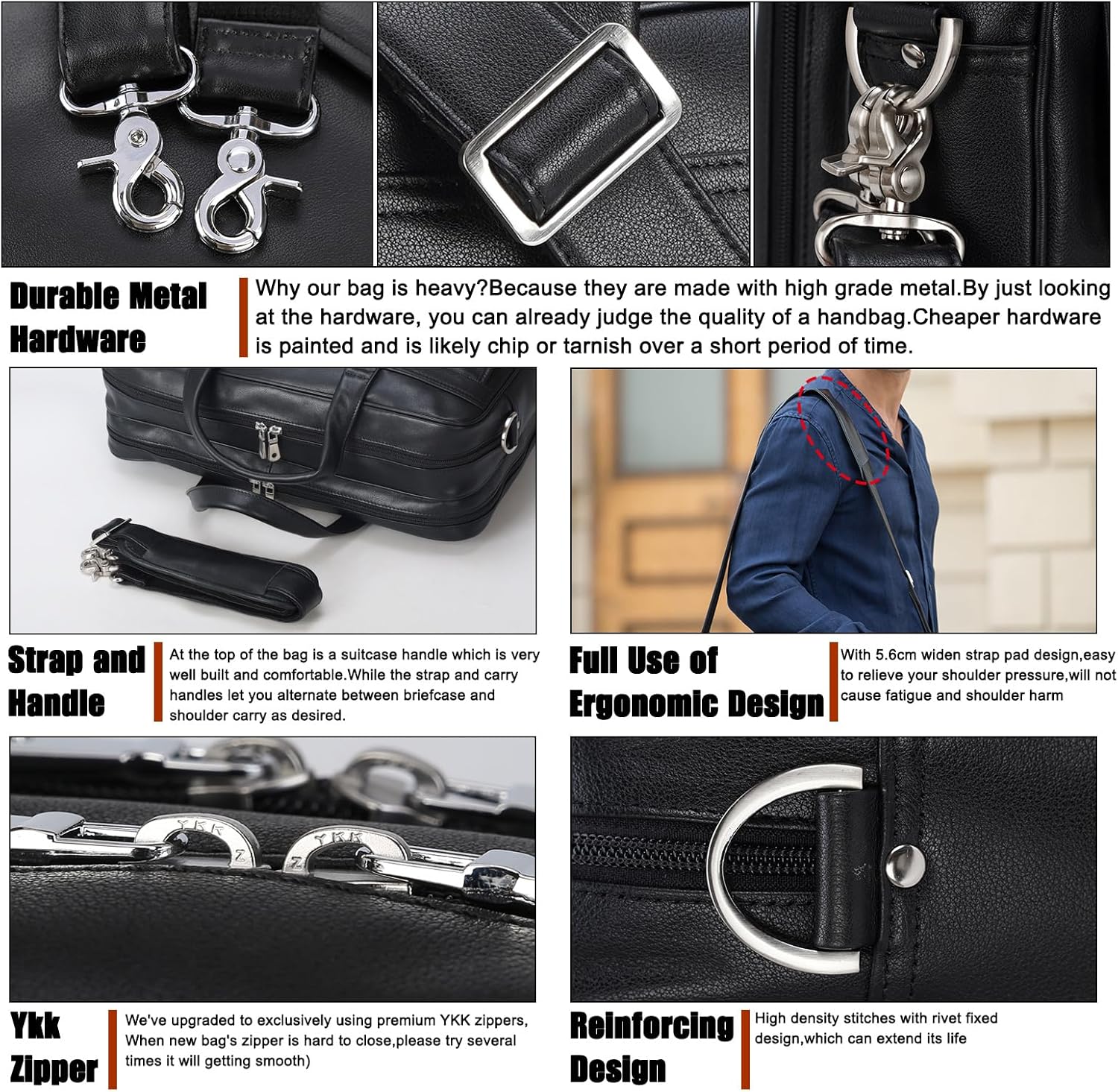 Masa Kawa Leather Briefcase for Men 15.6", 17" Laptop Computer Case Business Travel Work Messenger Cross Body Shoulder Bag - Image 9