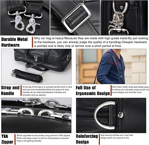 Vista 35 de Masa Kawa Maletín de cuero para hombres 15.6" - 17" maletín para computadora portátil de negocios viaje trabajo mensajero cruzado bolsa de hombro