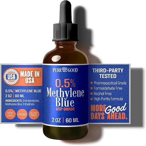 Azul de metileno de grado farmacéutico 0.5% (2.0 fl oz), probado por terceros grado USP para humanos, formaldehído y sin alcohol azul de metileno
