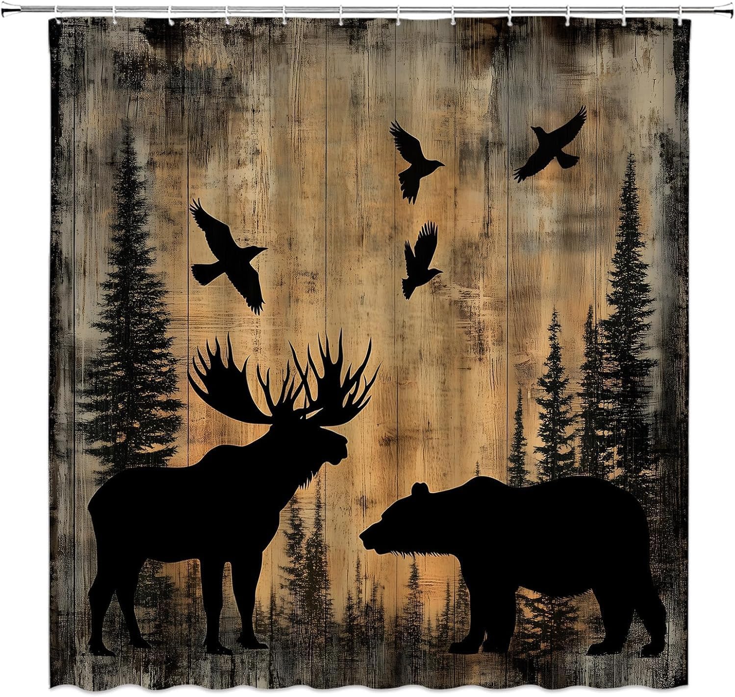 Rustic Cabin Shower Curtain,Vintage Wooden Beer Deer Forest Animal Farmhouse Brown Black Old Polyester Bathroom Curtain with 12 Hooks,Bathtub Home Decor,70x84 Inch