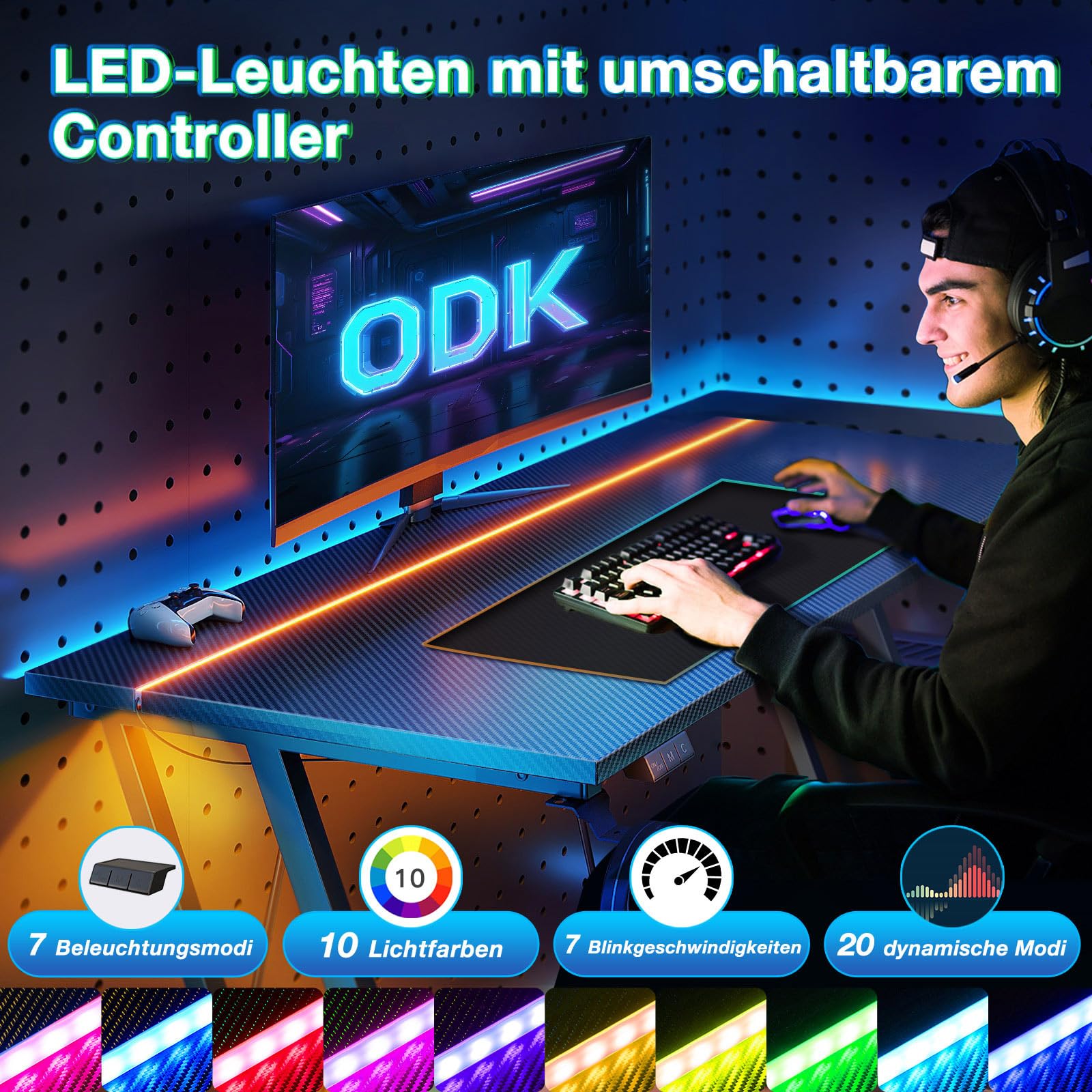 ODK Kleiner Gaming Tisch mit LED, 100×50 cm, Carbon Fiber Schwarz | Gaming Schreibtisch mit Becherhalter und Kopfhörerhaken, Doppel-Z-Rahmen-Design, Platzsparend, für Kleine Räume