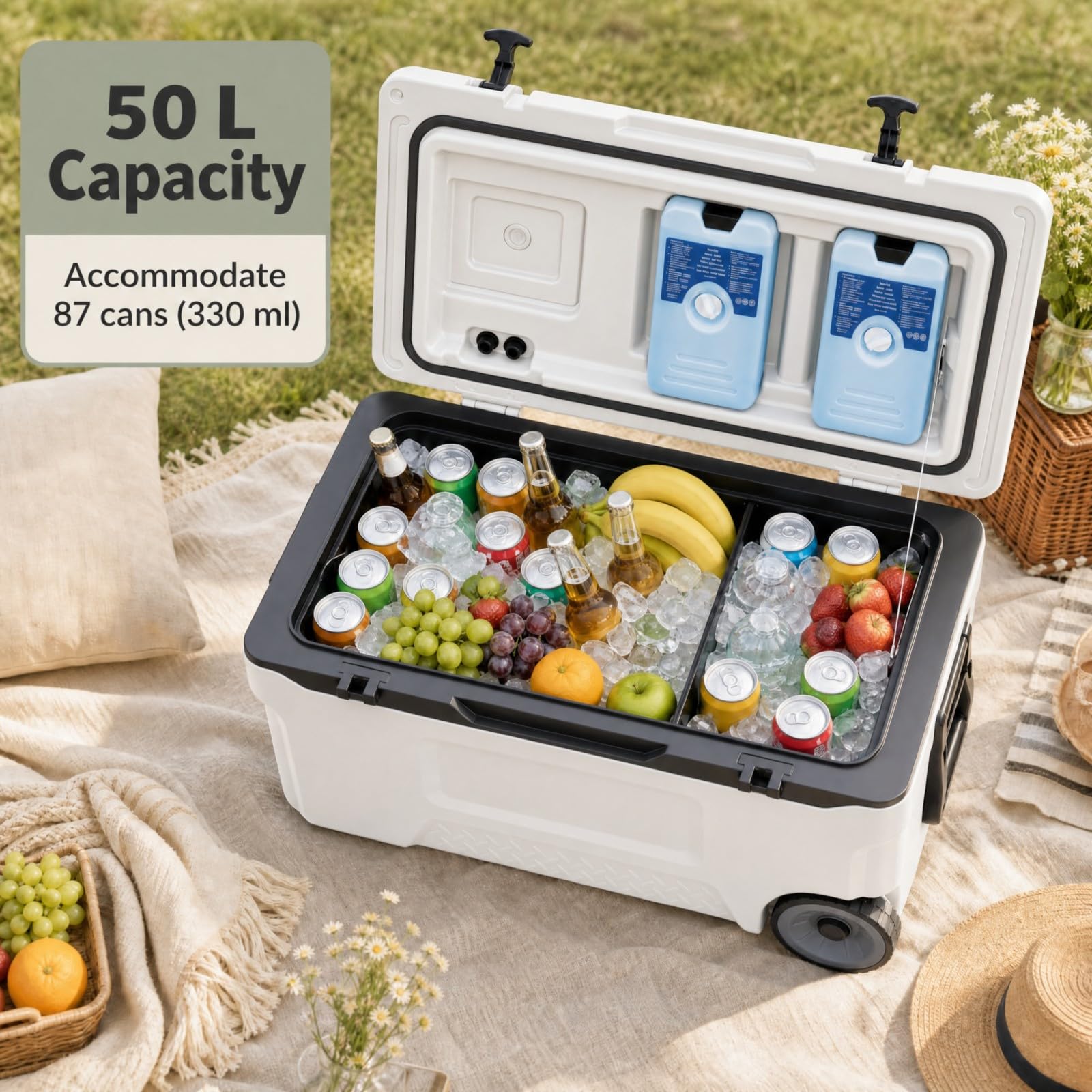 LIFEZEAL 50 L Frigo Termico Portatile 2 in 1 | Contenitore Termico Caldo e Freddo con Coperchio, 2 Sacchetti di Ghiaccio, Maniglie e Ruote per Pesca, Barbecue e Campeggio