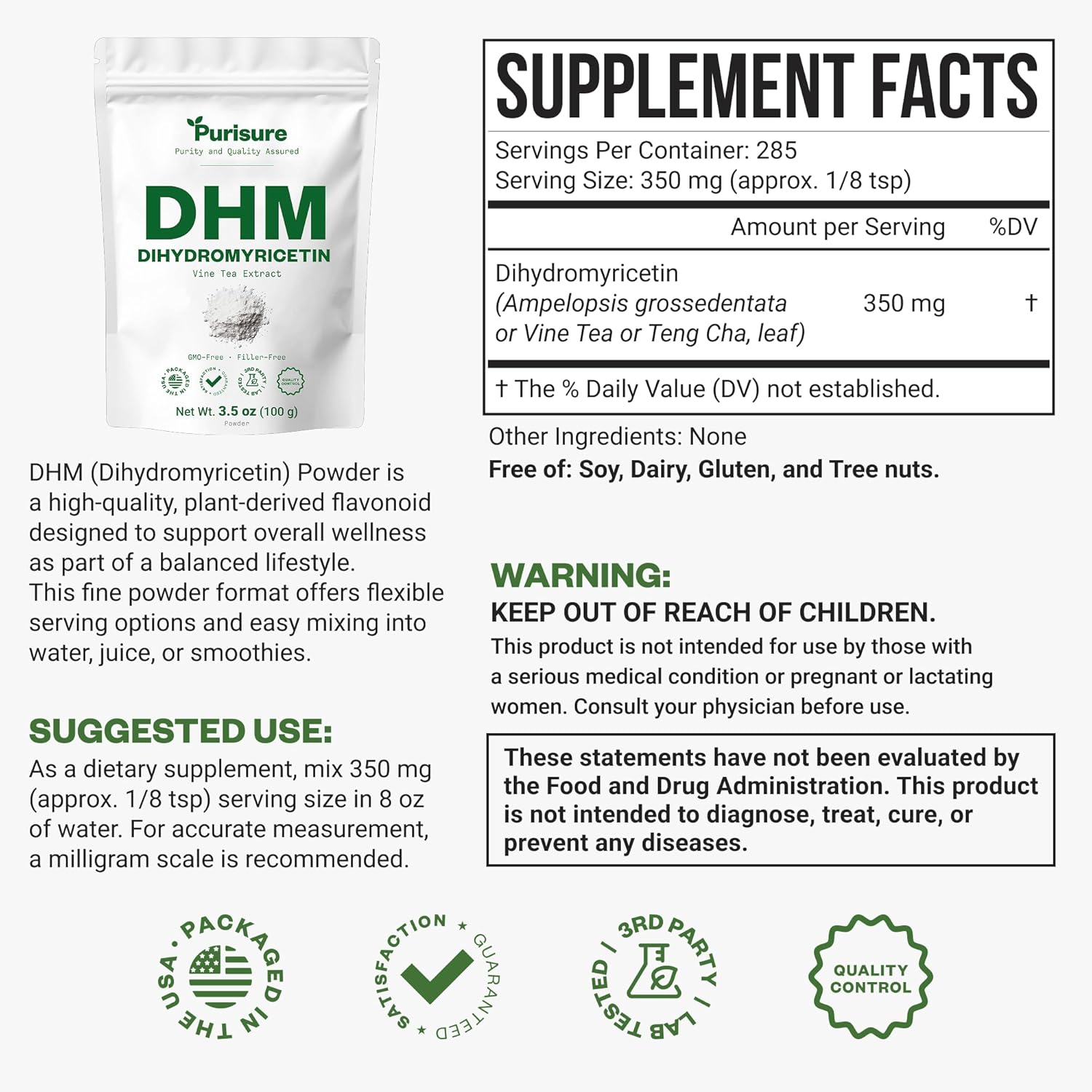 Purisure Dihydromyricetin Powder, 100g, 100% Pure DHM Supplements, Liver Support and Wellness, Premium Quality DHM Supplement, Dihydromyricetin (DHM) Powder for Worry-Free Night Outs, 285 Serving.