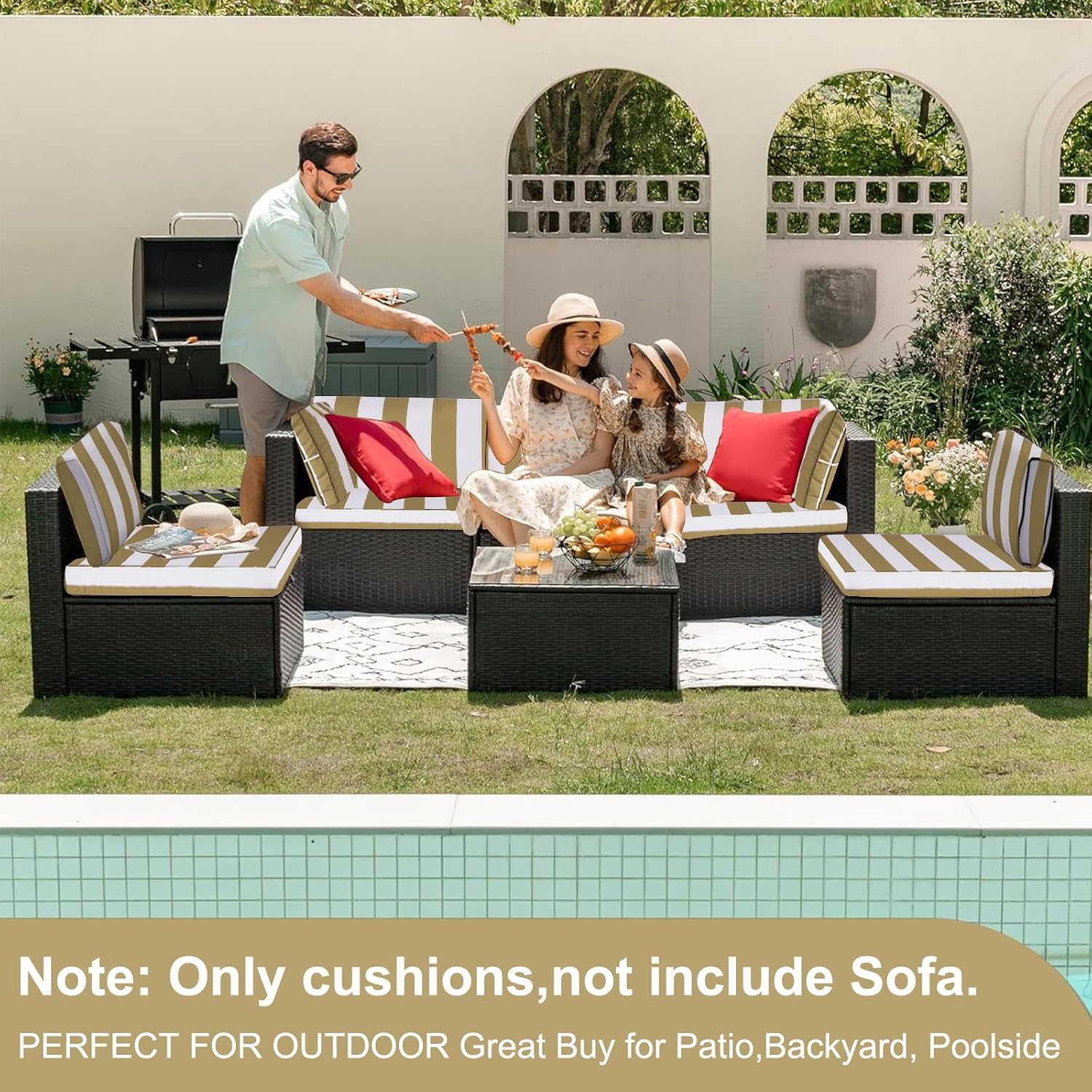 Outdoor Sectional Cushions,14 Pieces Waterproof Patio Furniture Cushions Replacement, 4" Foam High-Density for 6-Seat Rattan Wicker Sectional Conversation Sofa Set (Yellowe & White Stripes)