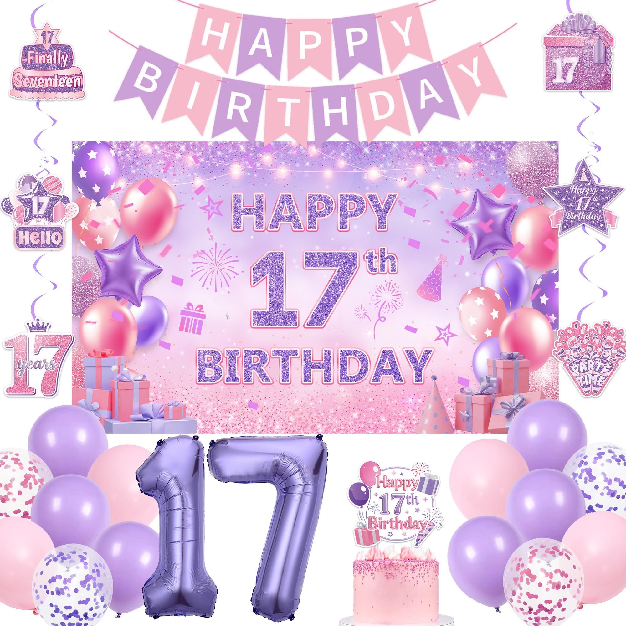 17th Birthday Backdrop Decorations for Girls - Pink Purple Happy Birthday Banner Cake Topper Background Signs, Number 17 Balloon Party Decoration for 17 Years Old Girl Bday Supplies โ image 1