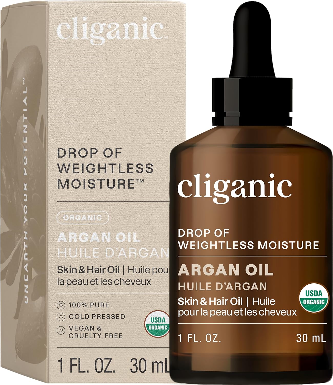 Cliganic Organic Argan Oil, 100% Pure (1oz) – for Hair, Face & Skin | Cold Pressed Carrier Oil (Packaging May Vary)
