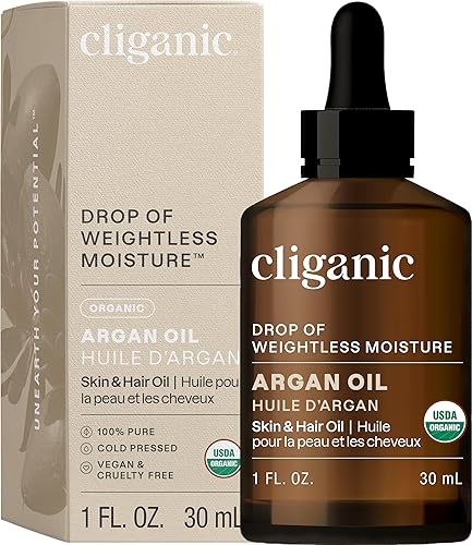 Cliganic Aceite de argán orgánico, 100% puro (1 onza), para cabello, cara y piel  Aceite portador prensado en frío