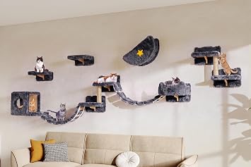 13-in-1 Cat Wall Shelves, Moon & Bridge Cat Wall Furniture, Grey | Wall Mounted Cats Shelf Set with Plush Fabric, Cat Climbing Systems for Adult Cats, Condo, Scratching Post, Space-Saving