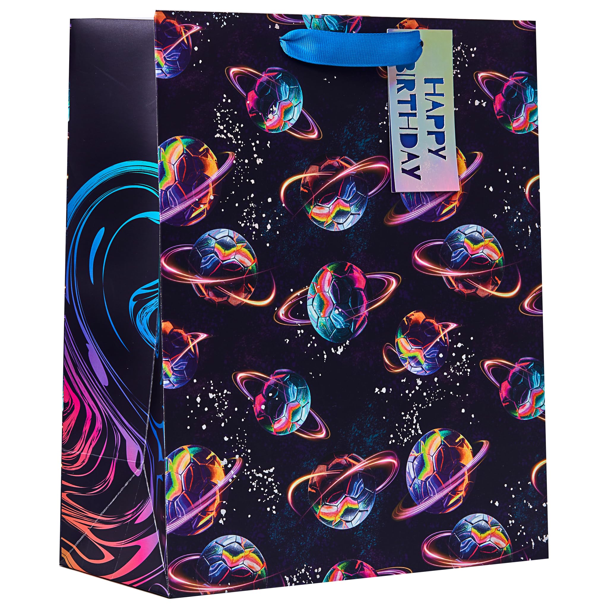 Design By Violet Planet Football Large Gift Bag – Neon Football Planet Design with Silver Foil and Printed Swirl Interior – Ideal for Kids’ Birthdays, Gifting and Sporty-Themed Gifts