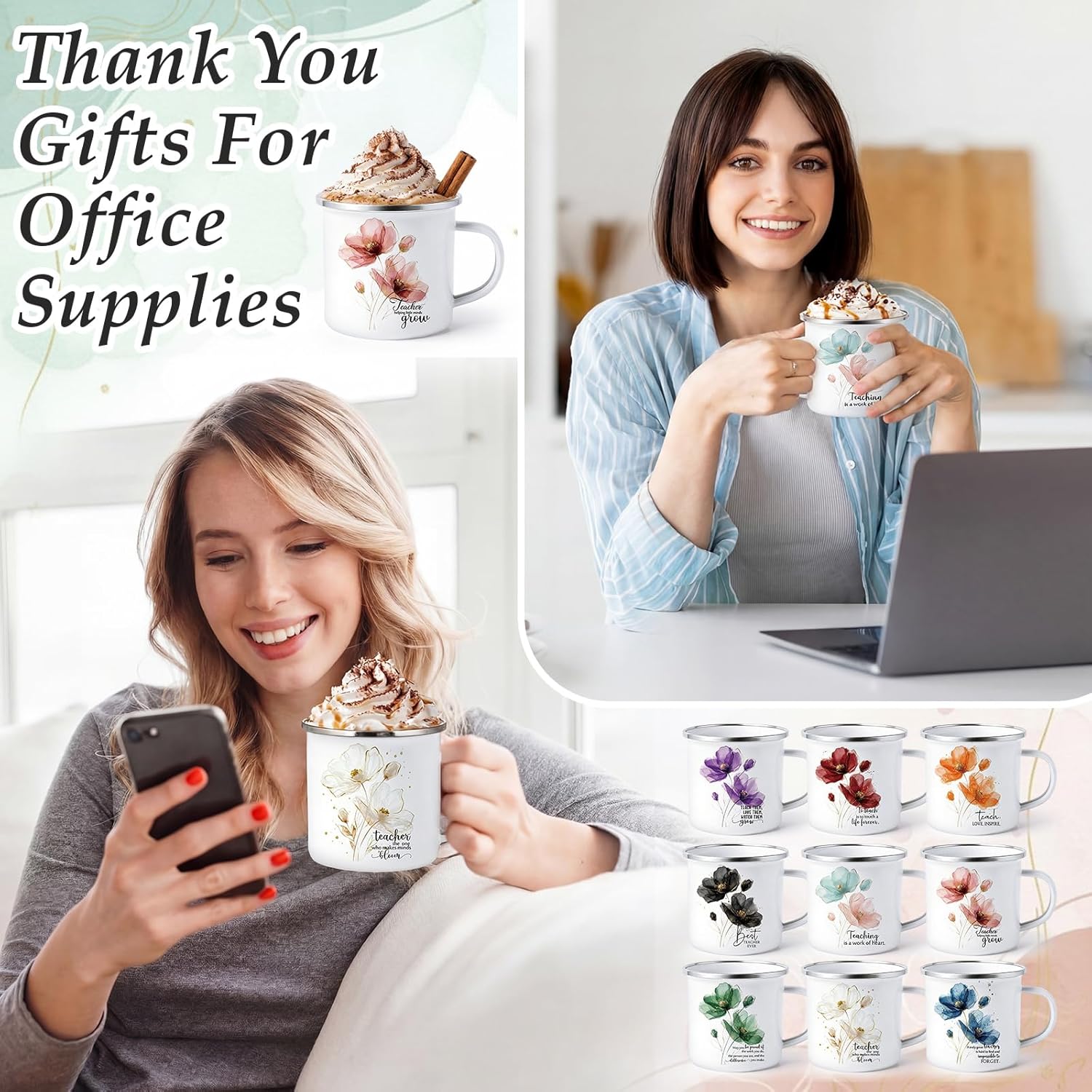 18 Pcs Teacher Appreciation Gift Bulk 12 oz Enamel Coffee Mug Teachers Thank You Gifts for Graduation Teacher Week from Students School (Flower)