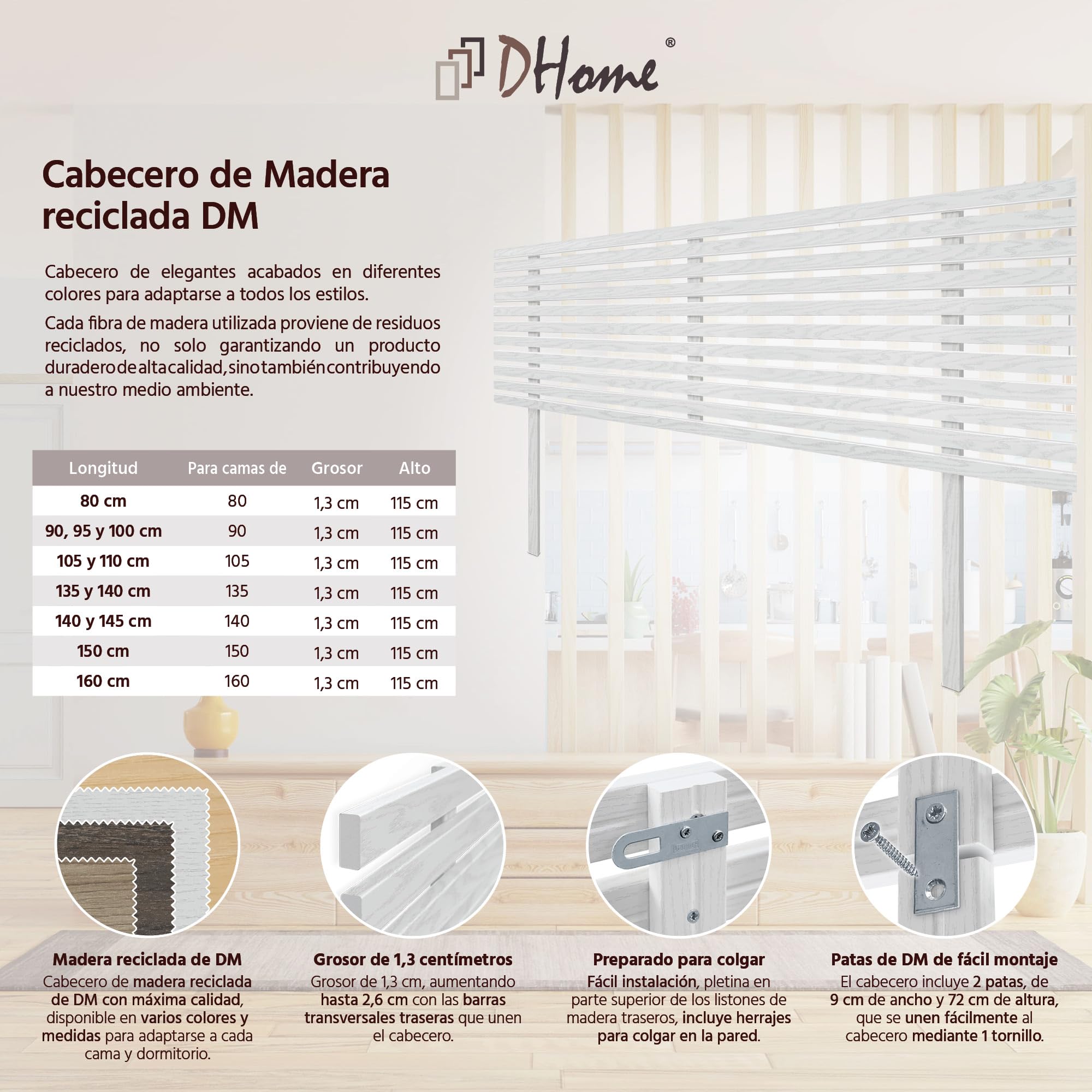 DHOME Testiera in Legno Riciclato DM con Gambe Stile Giapponese Letto Pallet Supporti inclusi (Legno Bianco, 160cm)