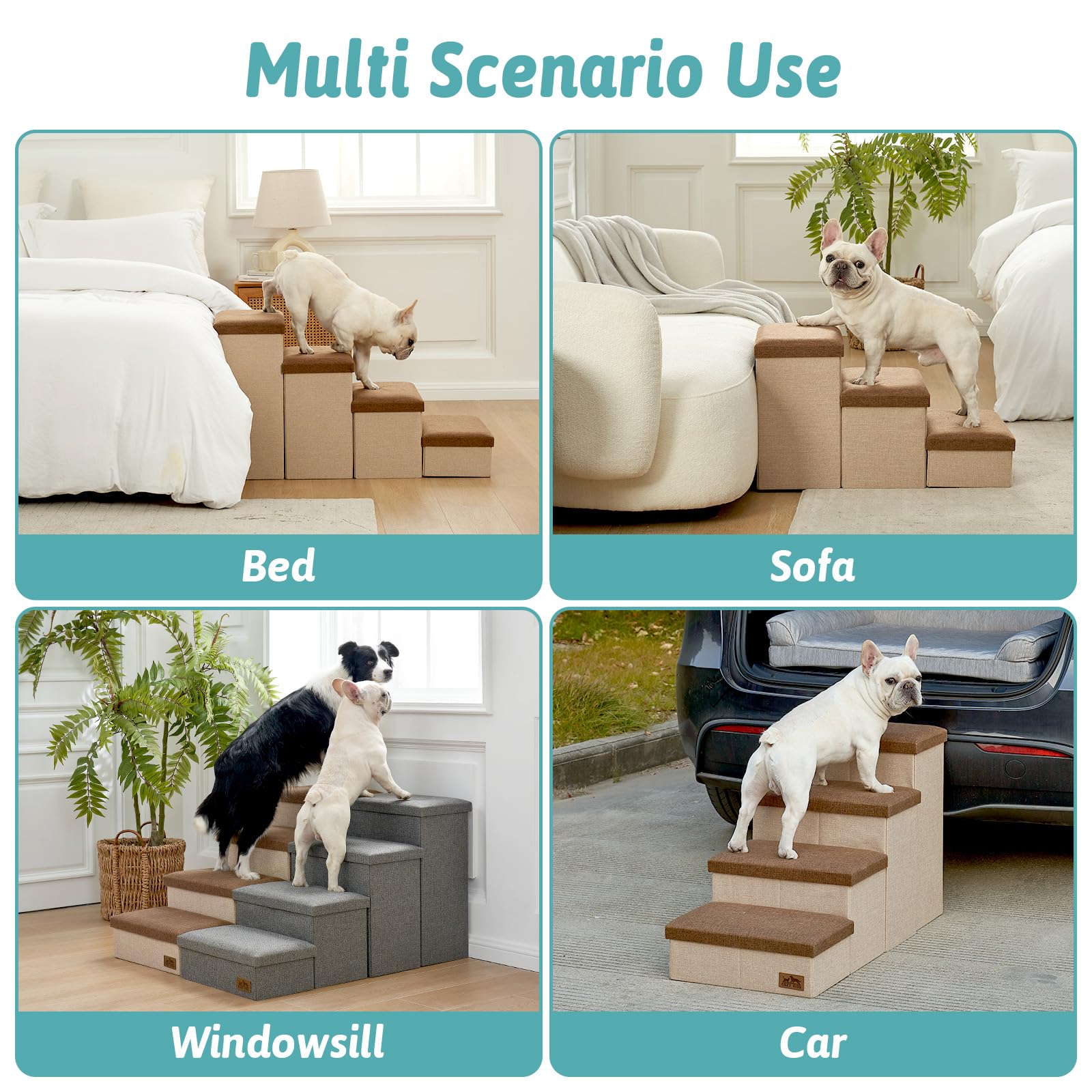 COZY KISS Scala per cani per cani piccoli, rampa pieghevole di stoccaggio per animali con copertura impermeabile, scaletta per cane per divano sedia, leggero, comfort (marrone, 43x72x42.5cm, 3)