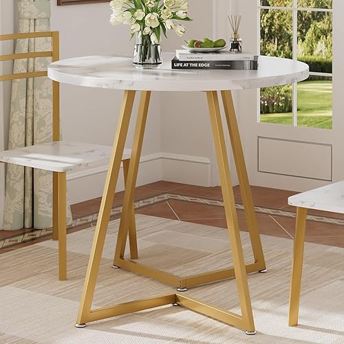 Miniatura 4 de VECELO Round Dining Room Table with Wood Grain Tabletop and Steel Frame, for Kitchen, Living Room, Office, Conference, 2 to 4 Person, White & Gold