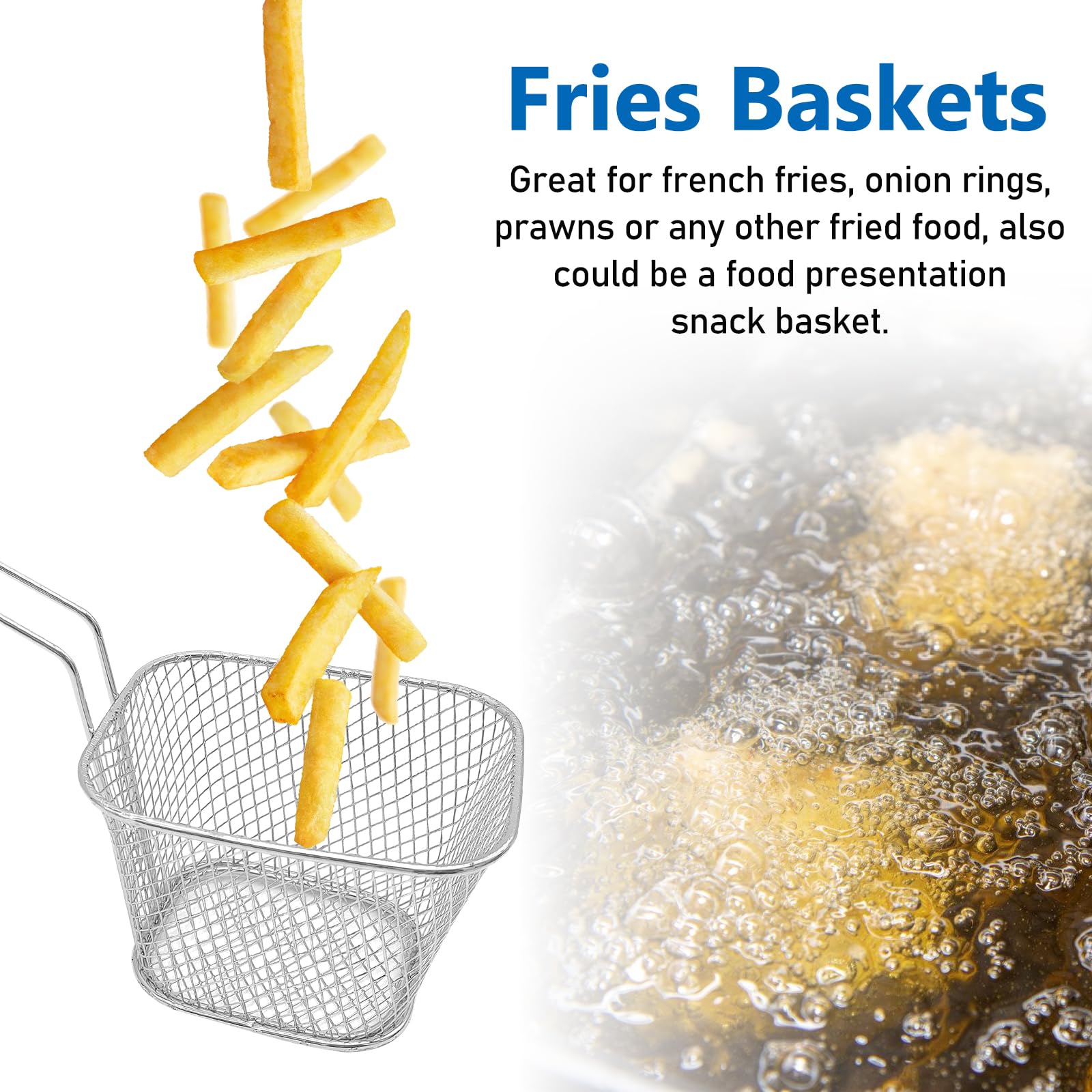 Lot de 12 paniers à frites : Petit panier à frites en acier inoxydable argenté avec anse - Panier à frites pour frites, frites, crevettes, rondelles d'oignon