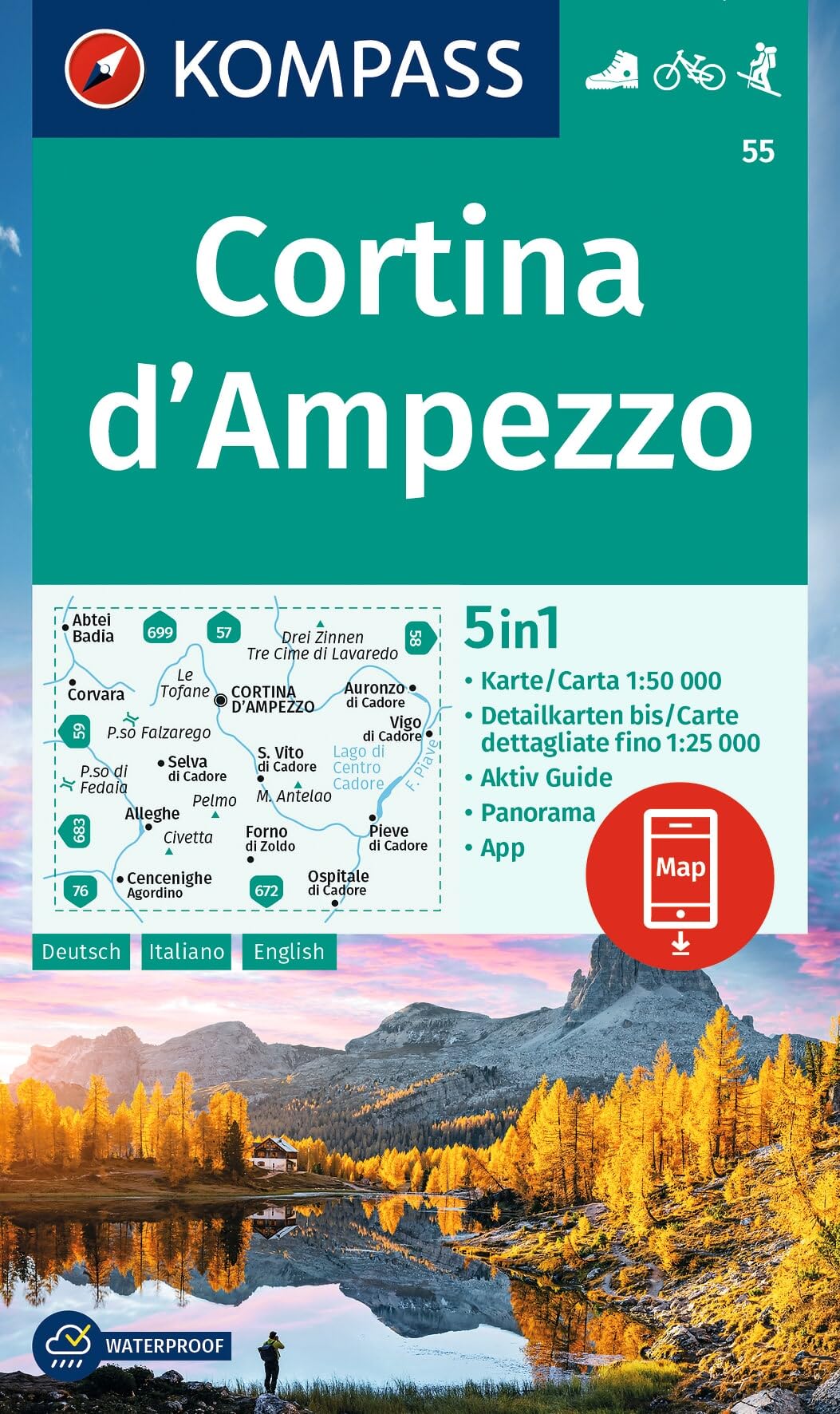 Cortina d'Ampezzo D/I/E (55): 5in1 Wanderkarte, mit Panorama, Aktiv Guide und Detailkarten inklusive Karte zur offline Verwendung in der KOMPASS-App. Fahrradfahren. Skitouren.
