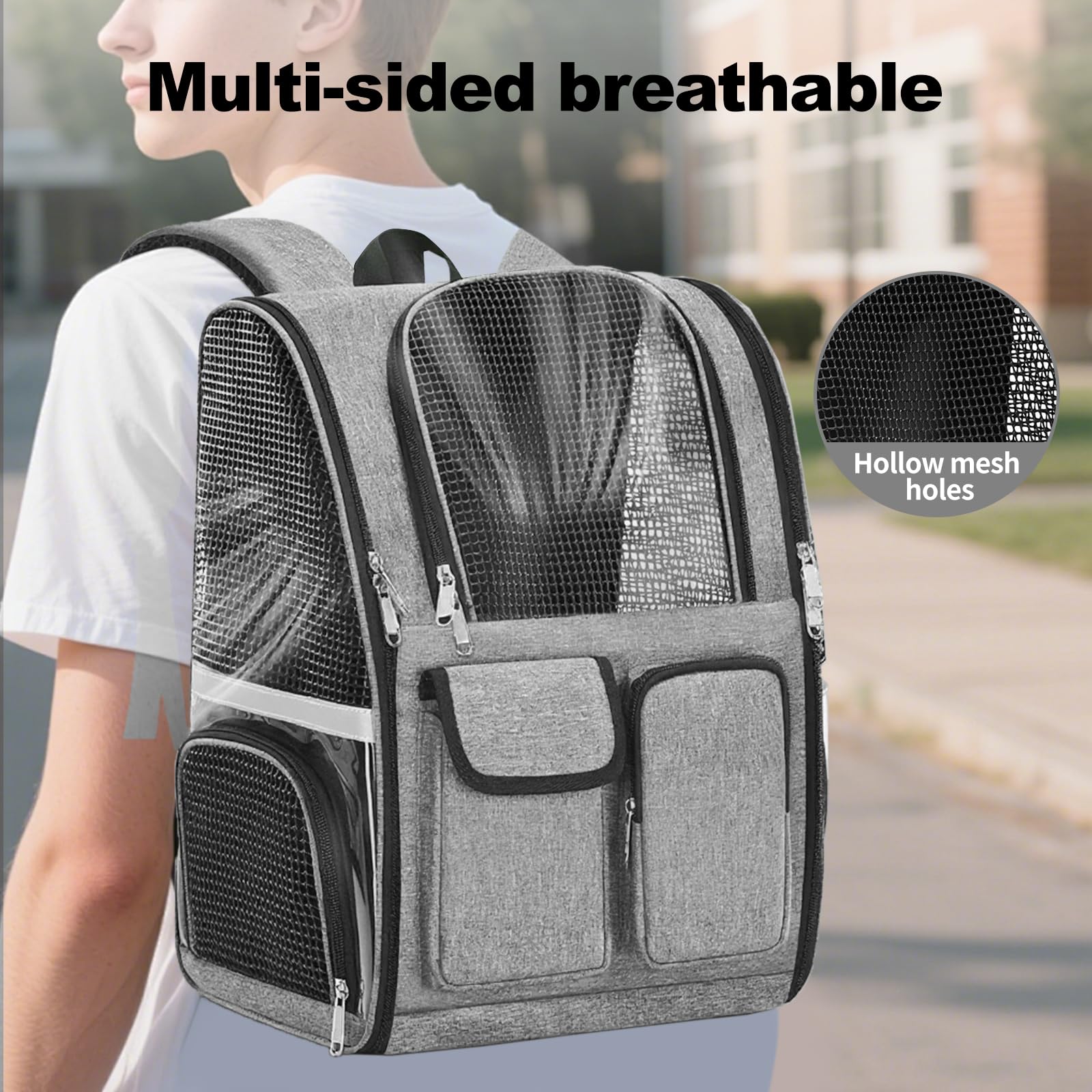 Zaino per Gatti 41x35x25cm – Trasportino Grigio Traspirante con Strisce Riflettenti, Cinghie S Comode, Multi-Zipper – Ideale per Gatti e Piccoli Animali